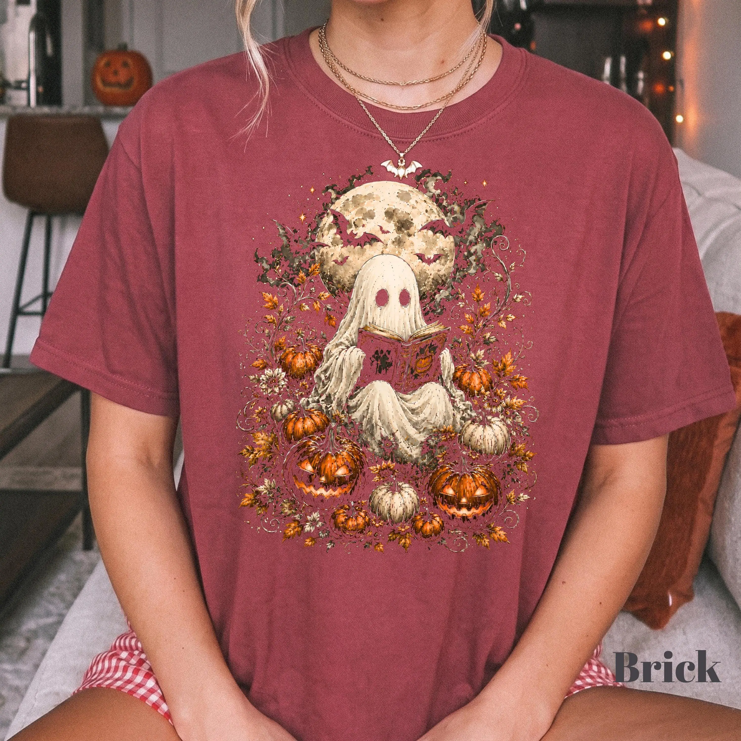 Comfort Colors Ghost Reading Halloween Sweatshirt, Spooky Pumpkin Graphic Crewneck, Book Lover Gift - photo 4