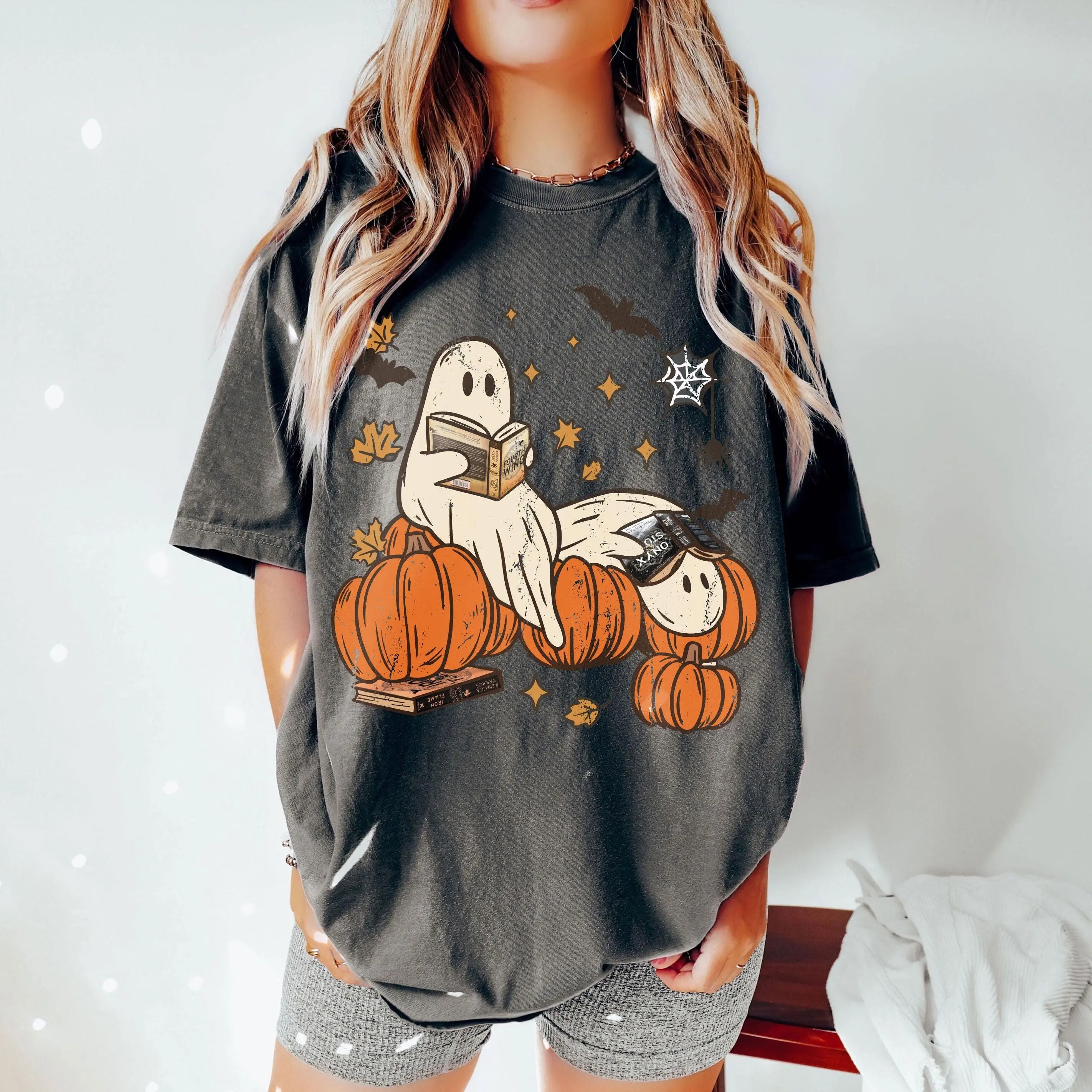 Ghost Reading Shirt, Fourth Wing Bookish Halloween Comfort Colors Tee, Dragon Fantasy Book Lover Bookworm Gift - photo 3
