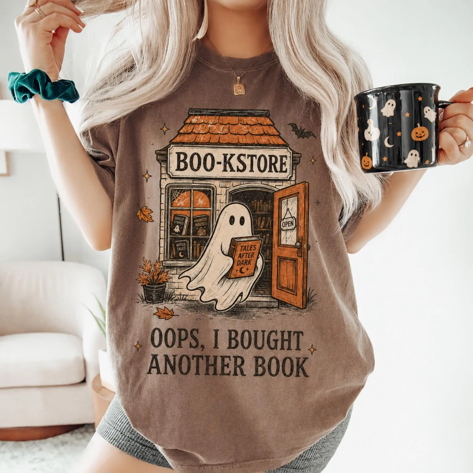 Comfort Colors Ghost Reading Shirt, Vintage Halloween Bookstore Fall Book Lover Graphic Tee - photo 2