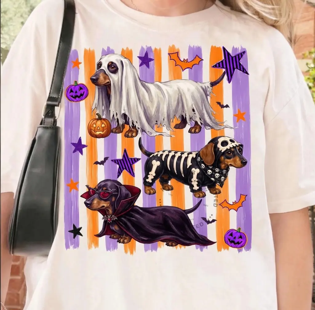 Ghost Skeleton Vampire Weiner Dog Tshirt, Funny Striped Dachshund Halloween Spooky Doxie Shirt