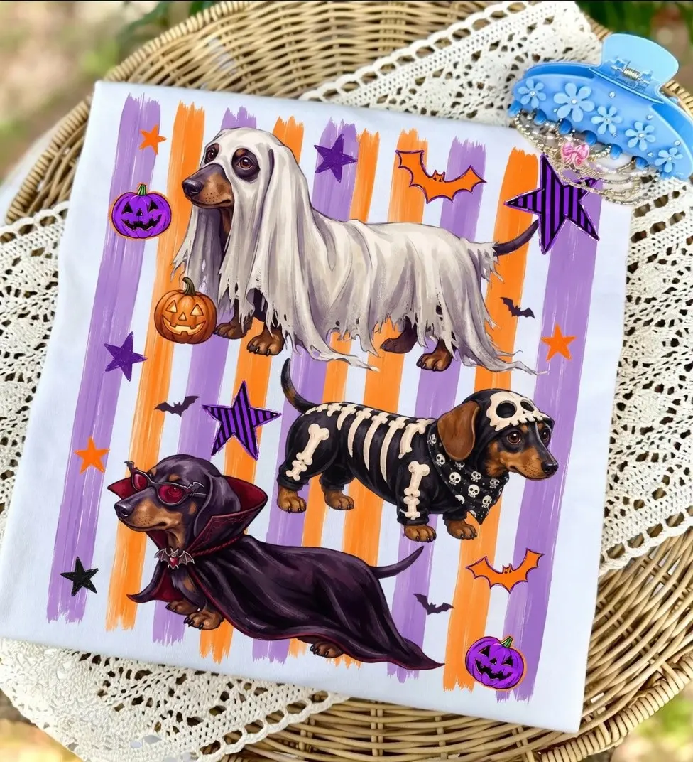 Ghost Skeleton Vampire Weiner Dog Tshirt, Funny Striped Dachshund Halloween Spooky Doxie Shirt - photo 2