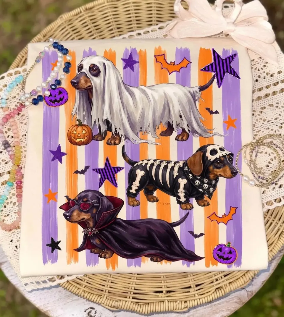 Ghost Skeleton Vampire Weiner Dog Tshirt, Funny Striped Dachshund Halloween Spooky Doxie Shirt - photo 4
