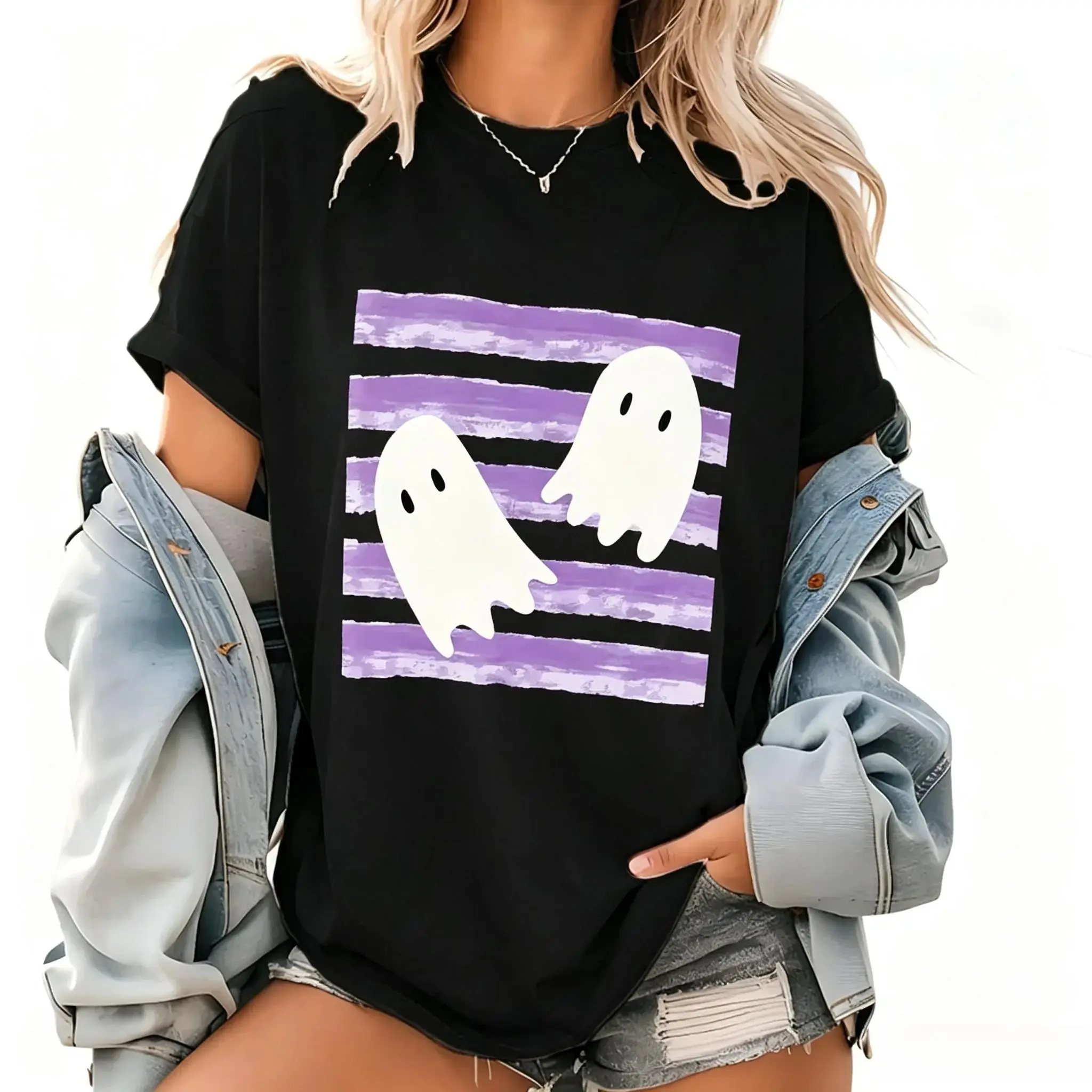 Ghost Stripe Shirt for Women, Halloween Summerween Graphic Tee, Trendy Striped Print Short Sleeve Cute Fall Top Gift