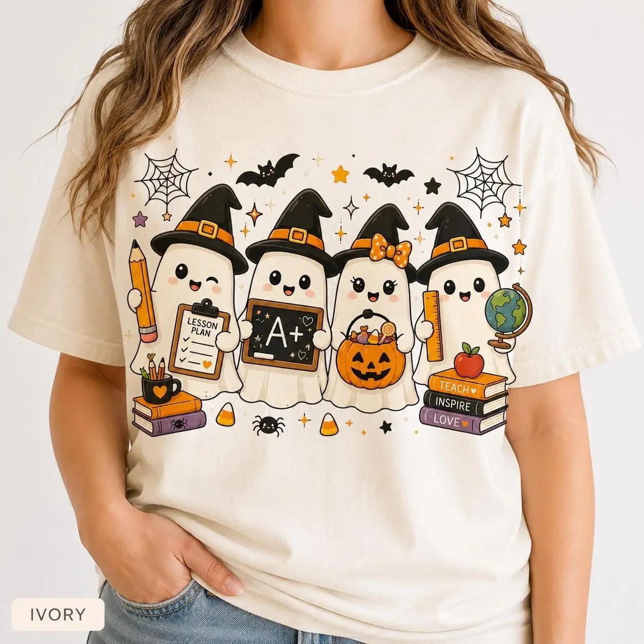 Ghost Teacher Halloween Shirt, Spooky Classroom Comfort Colors Tee, Funny Cute Graphic Top for Women Fall - photo 2
