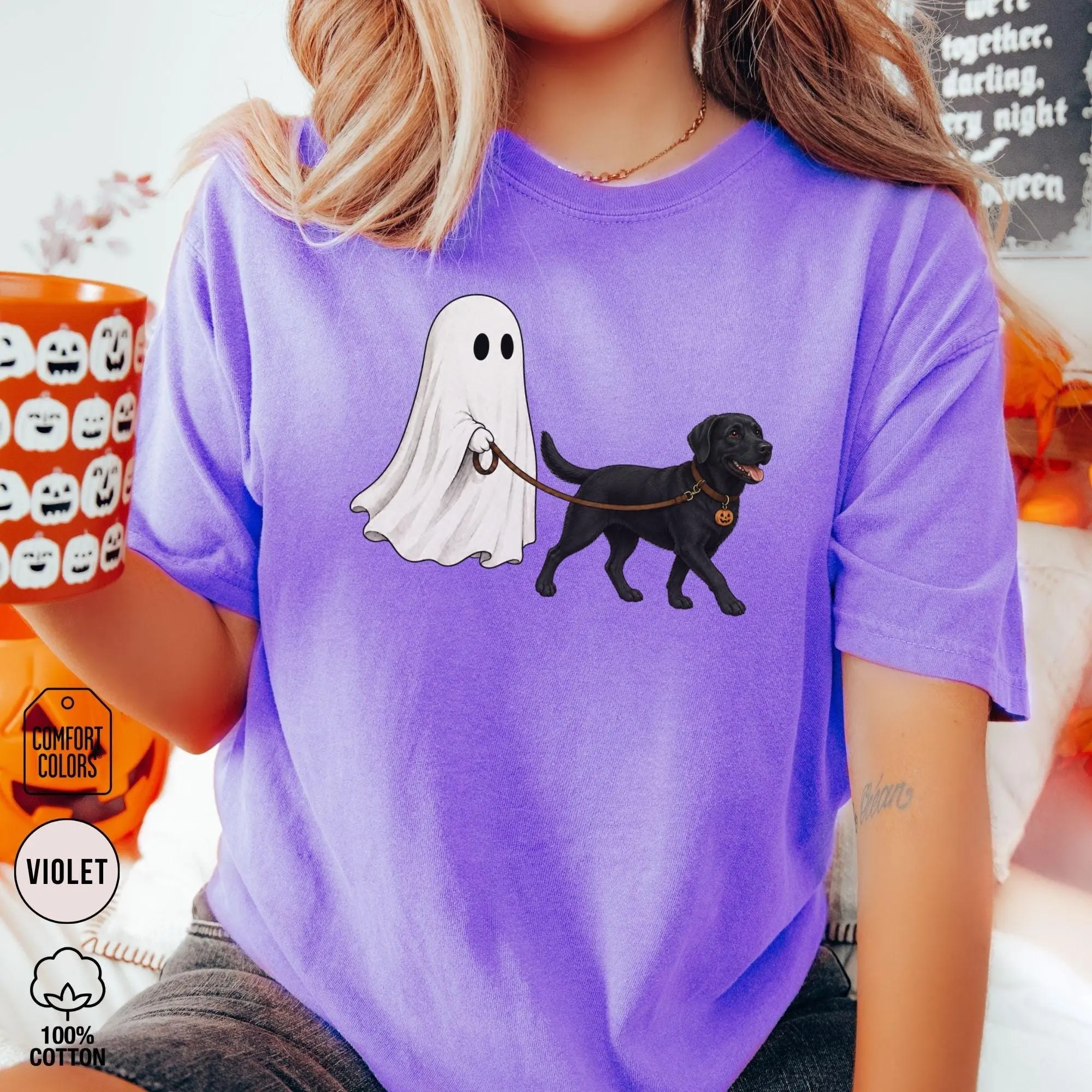 Comfort Colors Ghost Walking Black Lab Shirt, Funny Labrador Retriever Halloween Spooky Season Lover Tee - photo 2