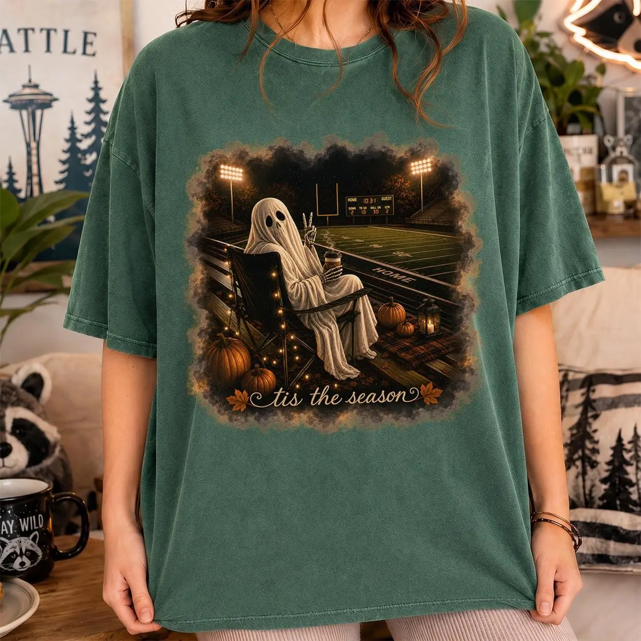 Ghost Watching Football Shirt, Tis The Season Game Day Tee, Cozy Spooky Stadium Graphic Fall Fan Gift