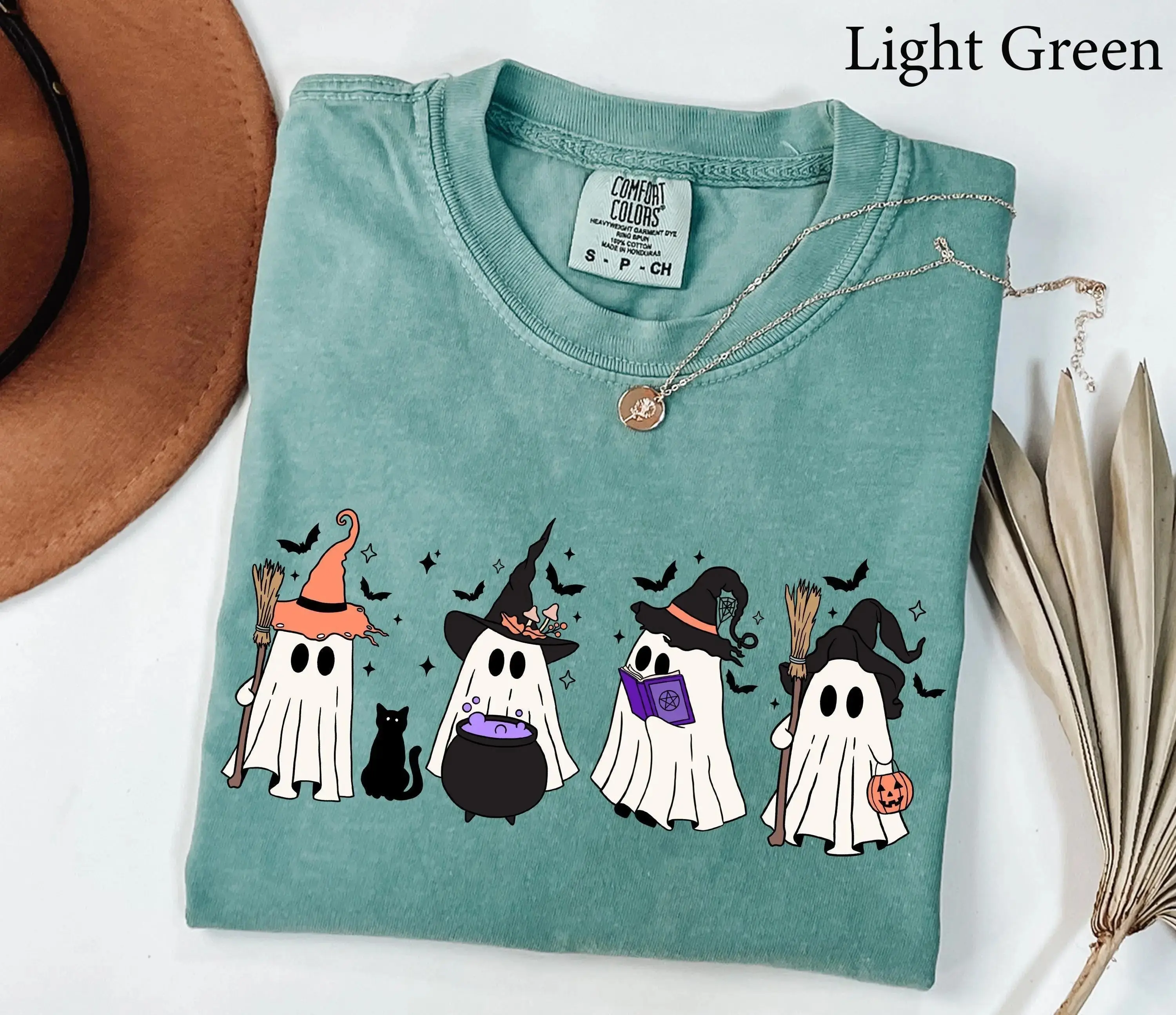 Comfort Colors Ghost Witch Halloween Shirt, Funny Cute Vintage Style Spooky Season Fall Tee for Women - photo 2