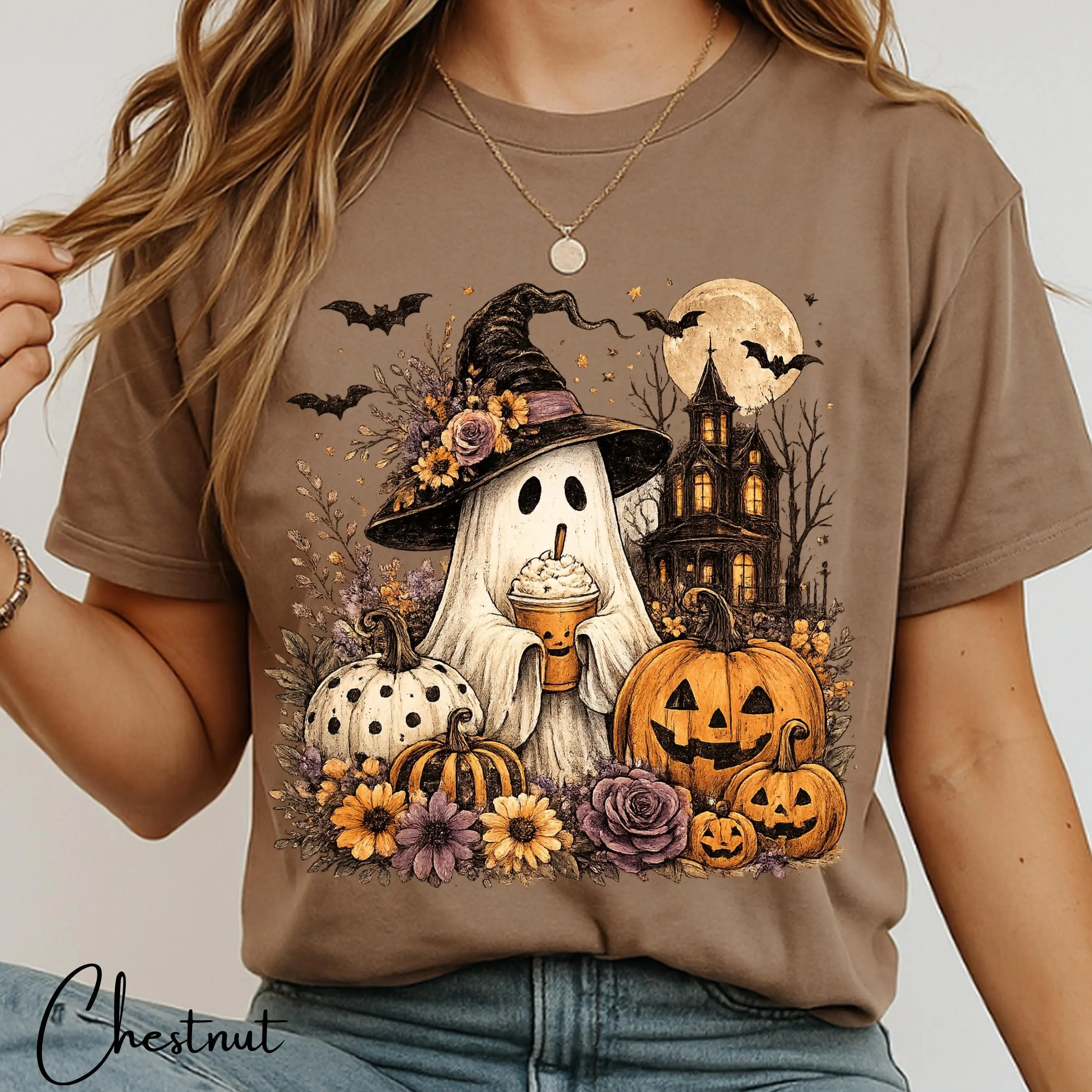 Ghost Witch Halloween Shirt for Women, Pumpkin Spice Vintage Boho Graphic Tee, Cute Spooky Season Fall Top