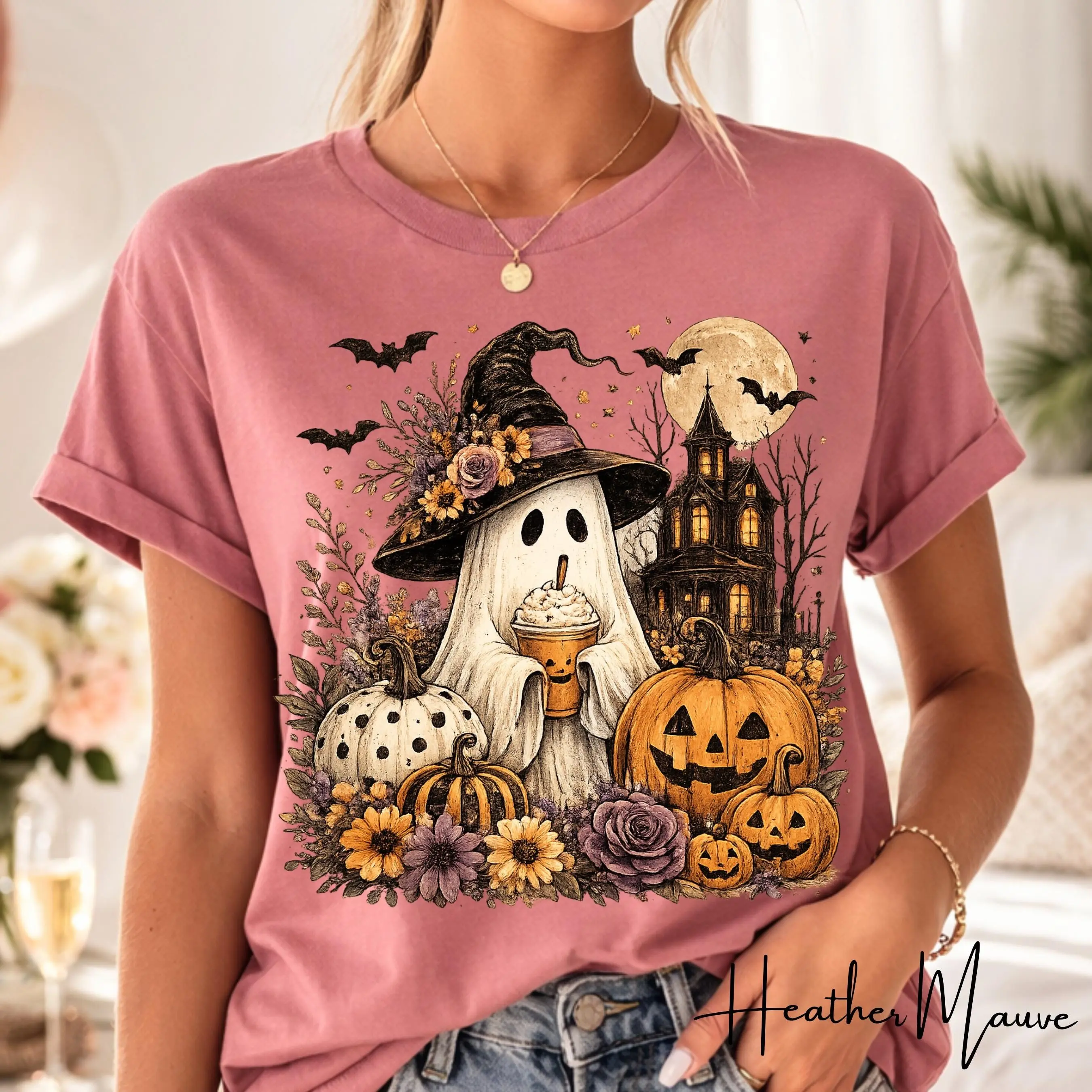Ghost Witch Halloween Shirt for Women, Pumpkin Spice Vintage Boho Graphic Tee, Cute Spooky Season Fall Top - photo 2