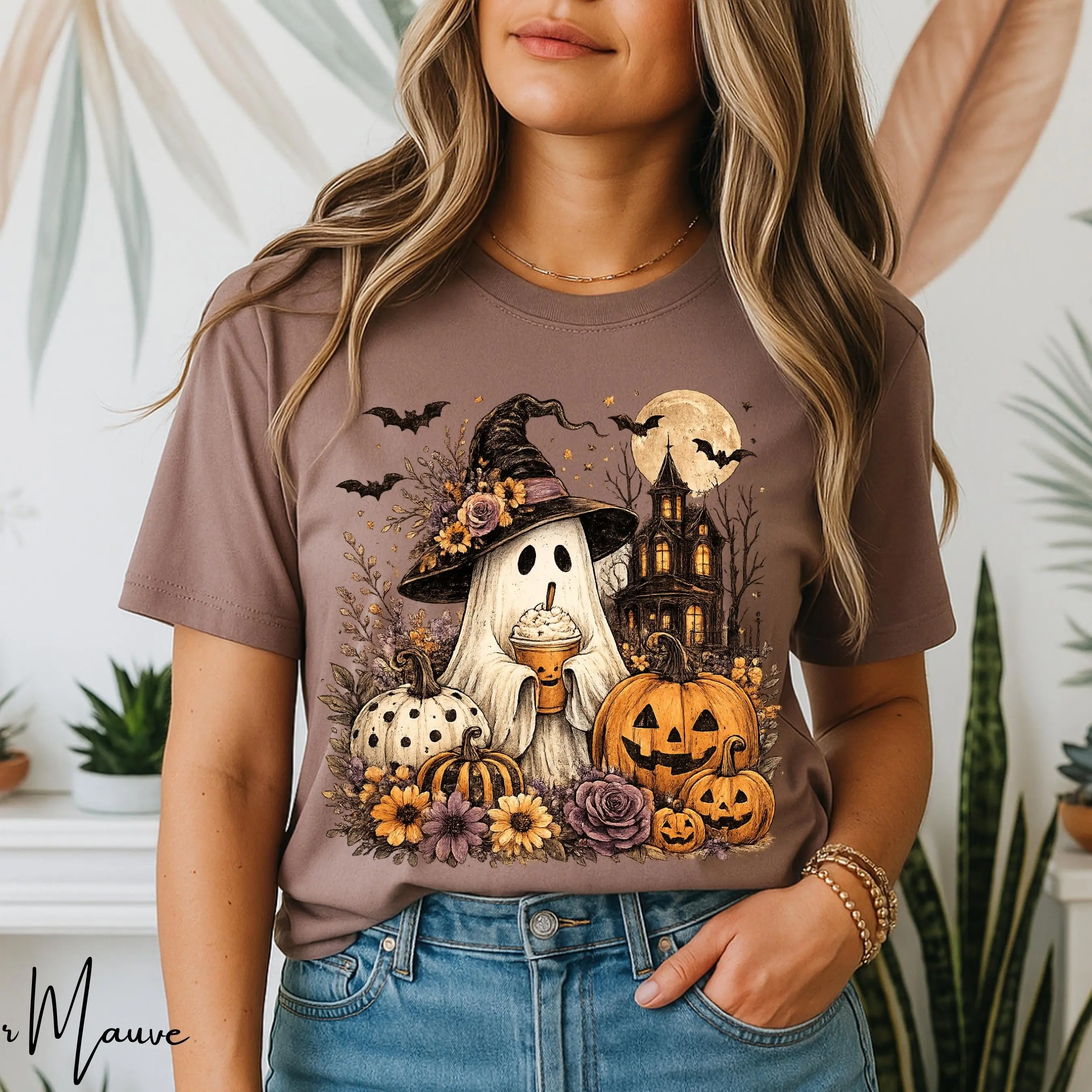 Ghost Witch Halloween Shirt for Women, Pumpkin Spice Vintage Boho Graphic Tee, Cute Spooky Season Fall Top - photo 3