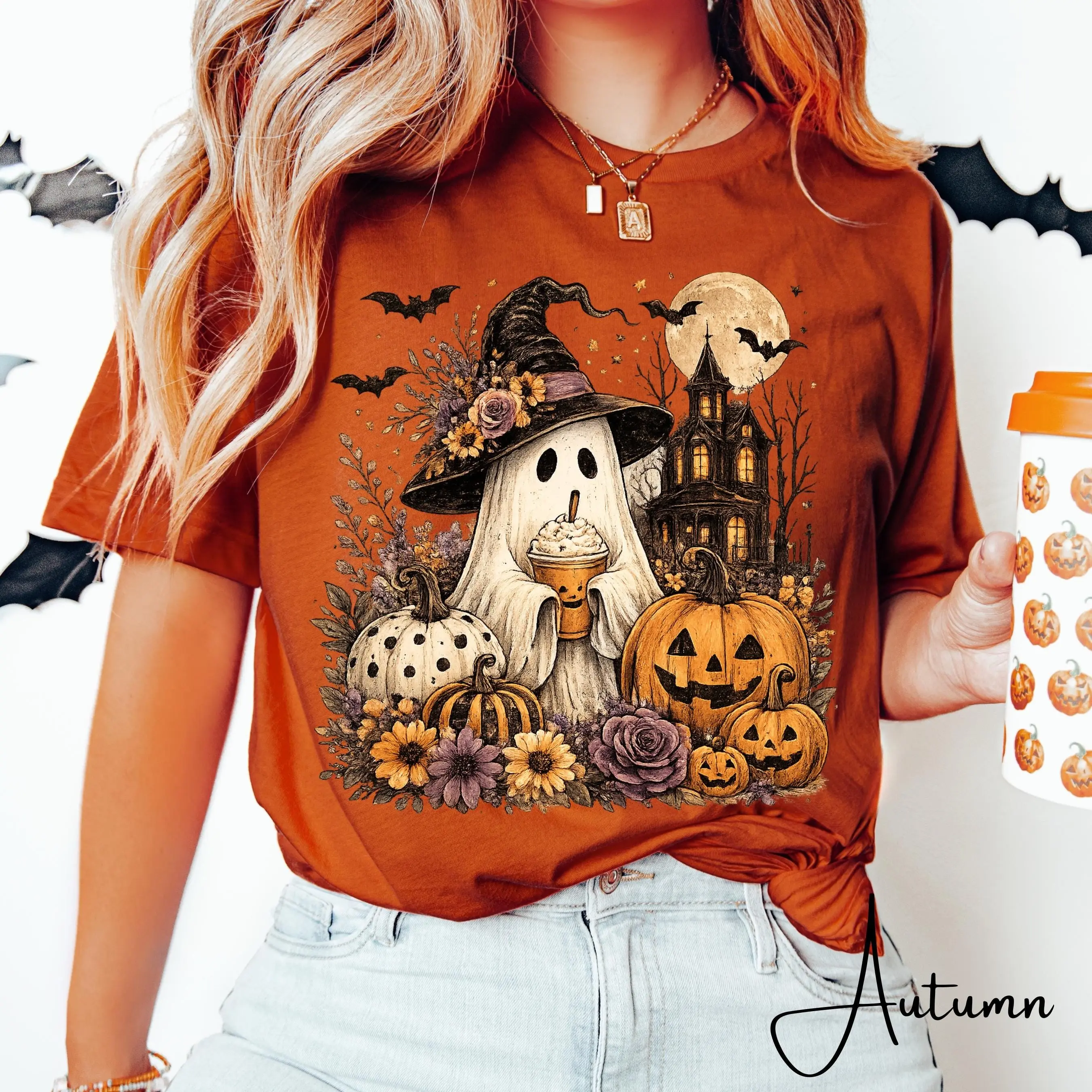 Ghost Witch Halloween Shirt for Women, Pumpkin Spice Vintage Boho Graphic Tee, Cute Spooky Season Fall Top - photo 4