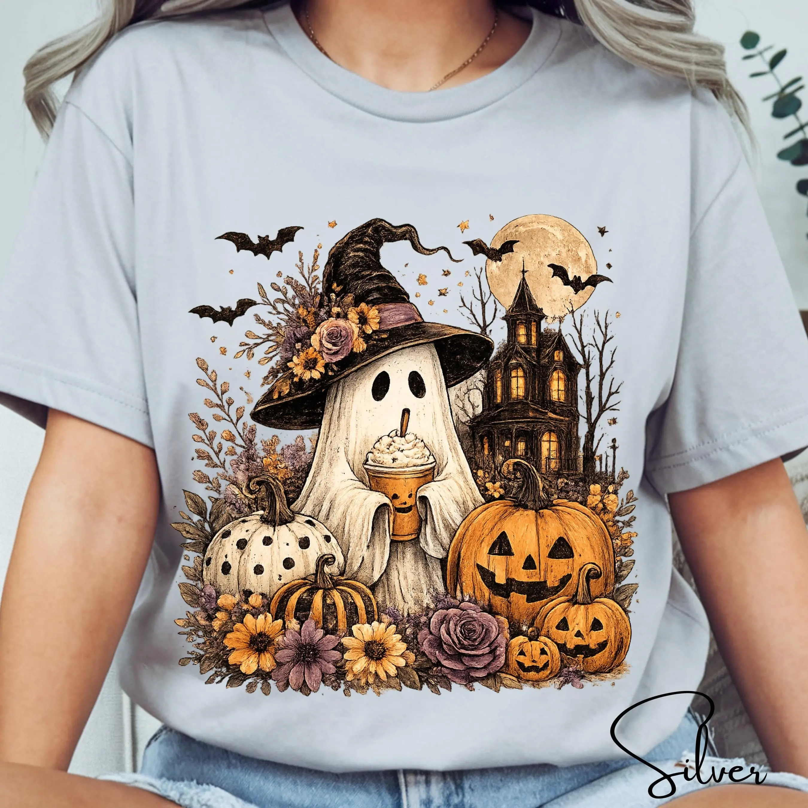 Ghost Witch Halloween Shirt for Women, Pumpkin Spice Vintage Boho Graphic Tee, Cute Spooky Season Fall Top - photo 5
