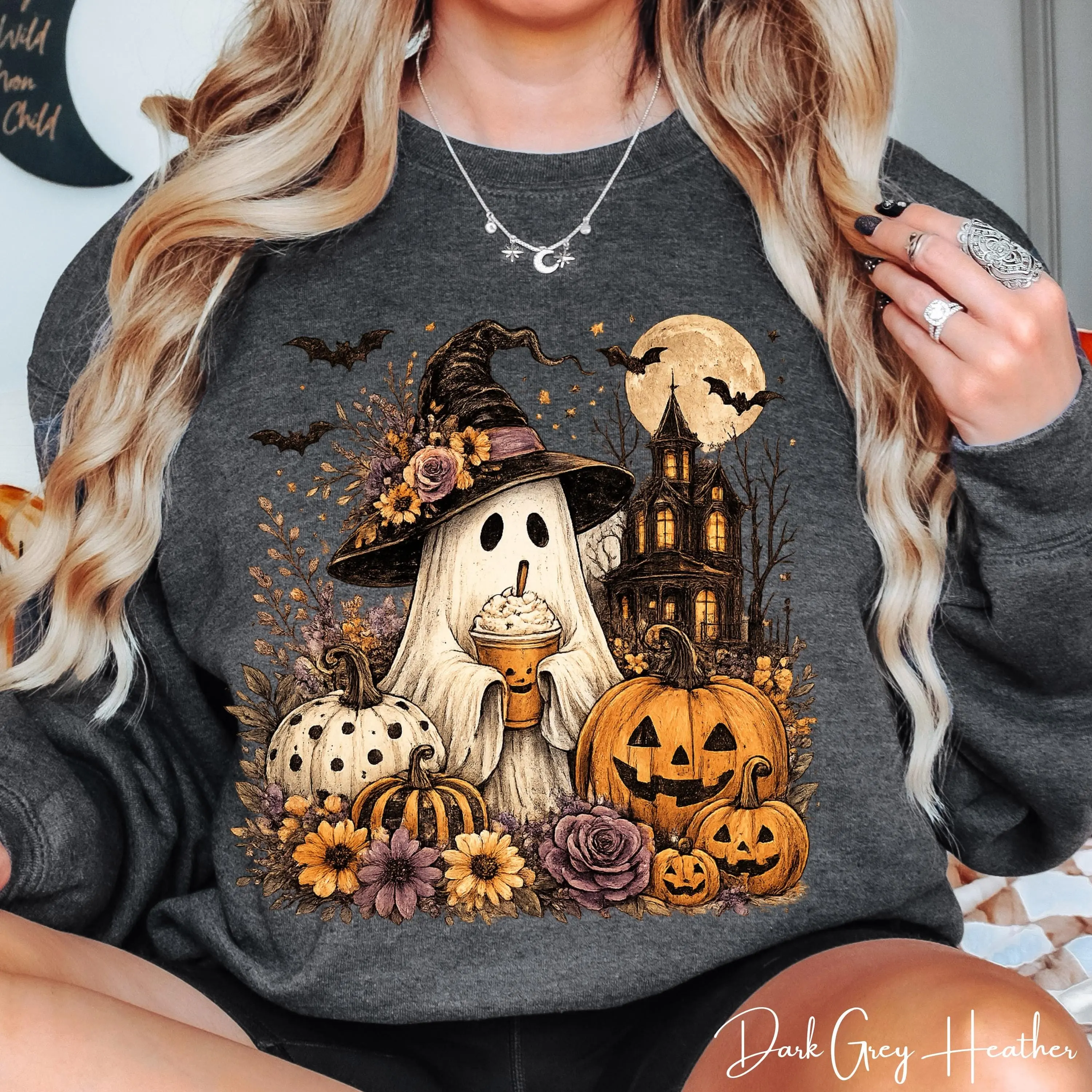 Ghost Witch Halloween Sweatshirt for Women, Pumpkin Spice Vintage Boho Fall Graphic Long Sleeve Top