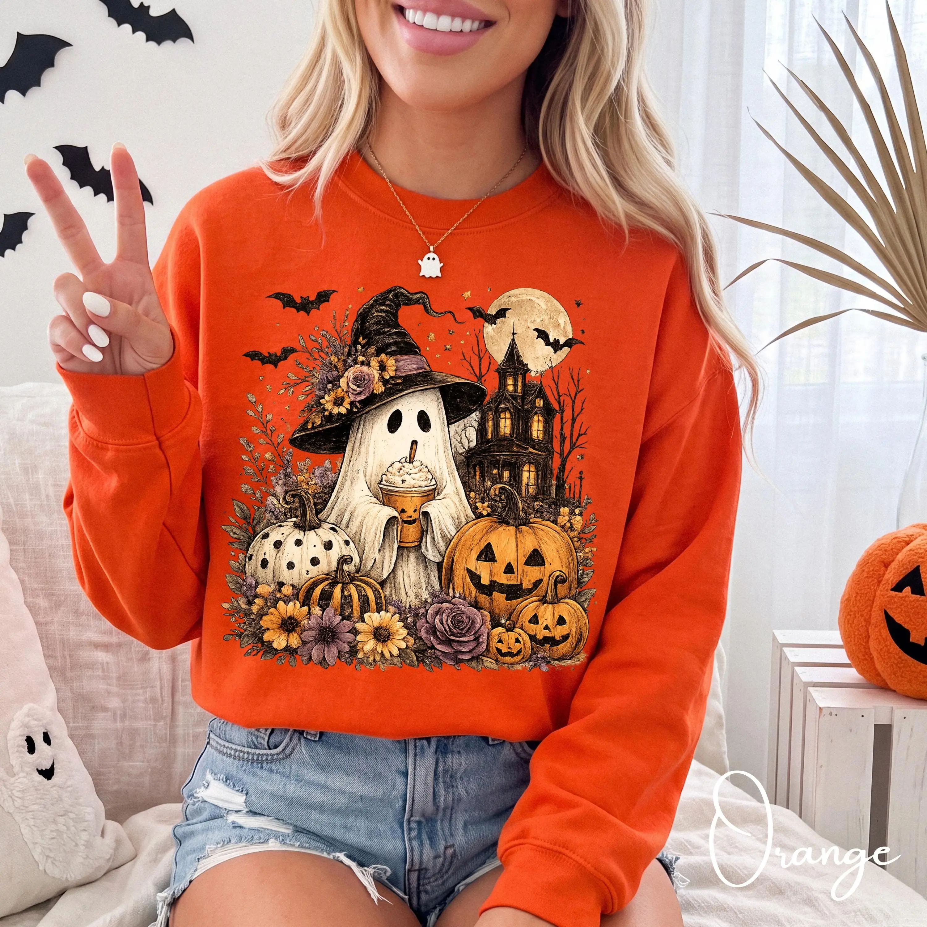 Ghost Witch Halloween Sweatshirt for Women, Pumpkin Spice Vintage Boho Fall Graphic Long Sleeve Top - photo 2