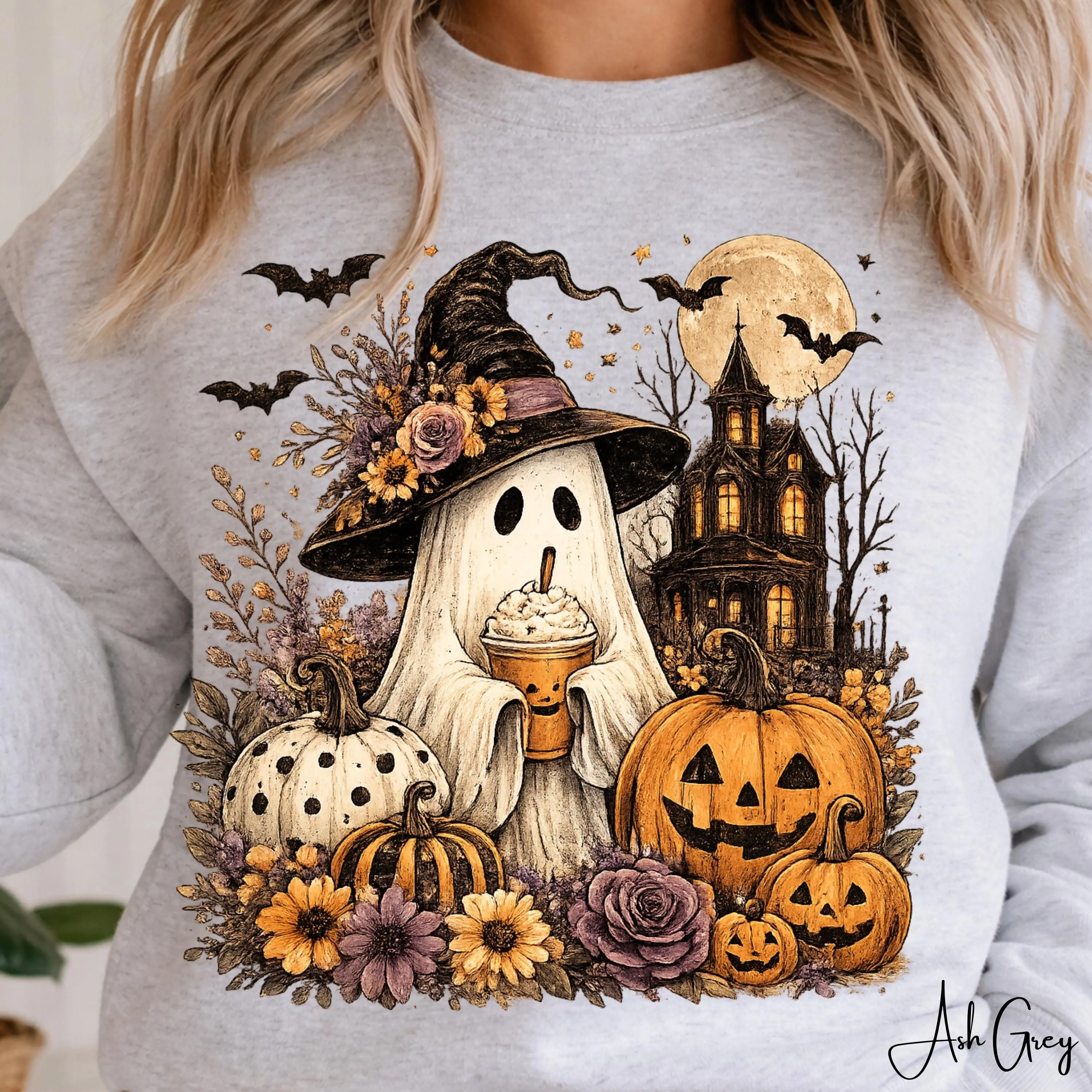 Ghost Witch Halloween Sweatshirt for Women, Pumpkin Spice Vintage Boho Fall Graphic Long Sleeve Top - photo 3