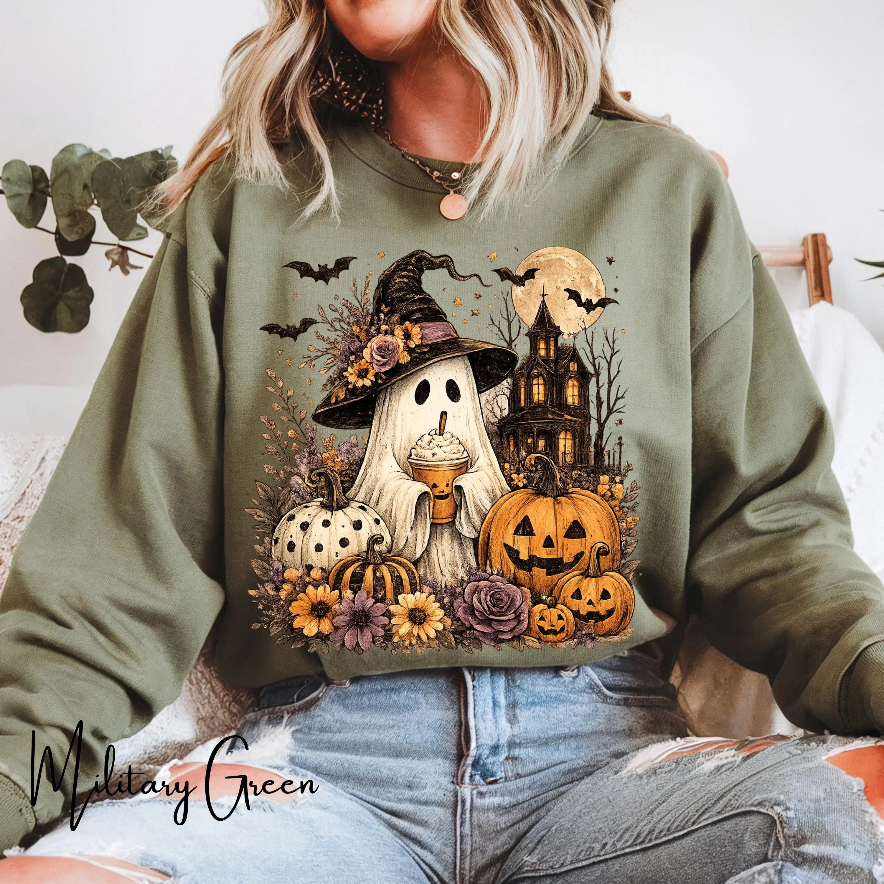 Ghost Witch Halloween Sweatshirt for Women, Pumpkin Spice Vintage Boho Fall Graphic Long Sleeve Top - photo 4