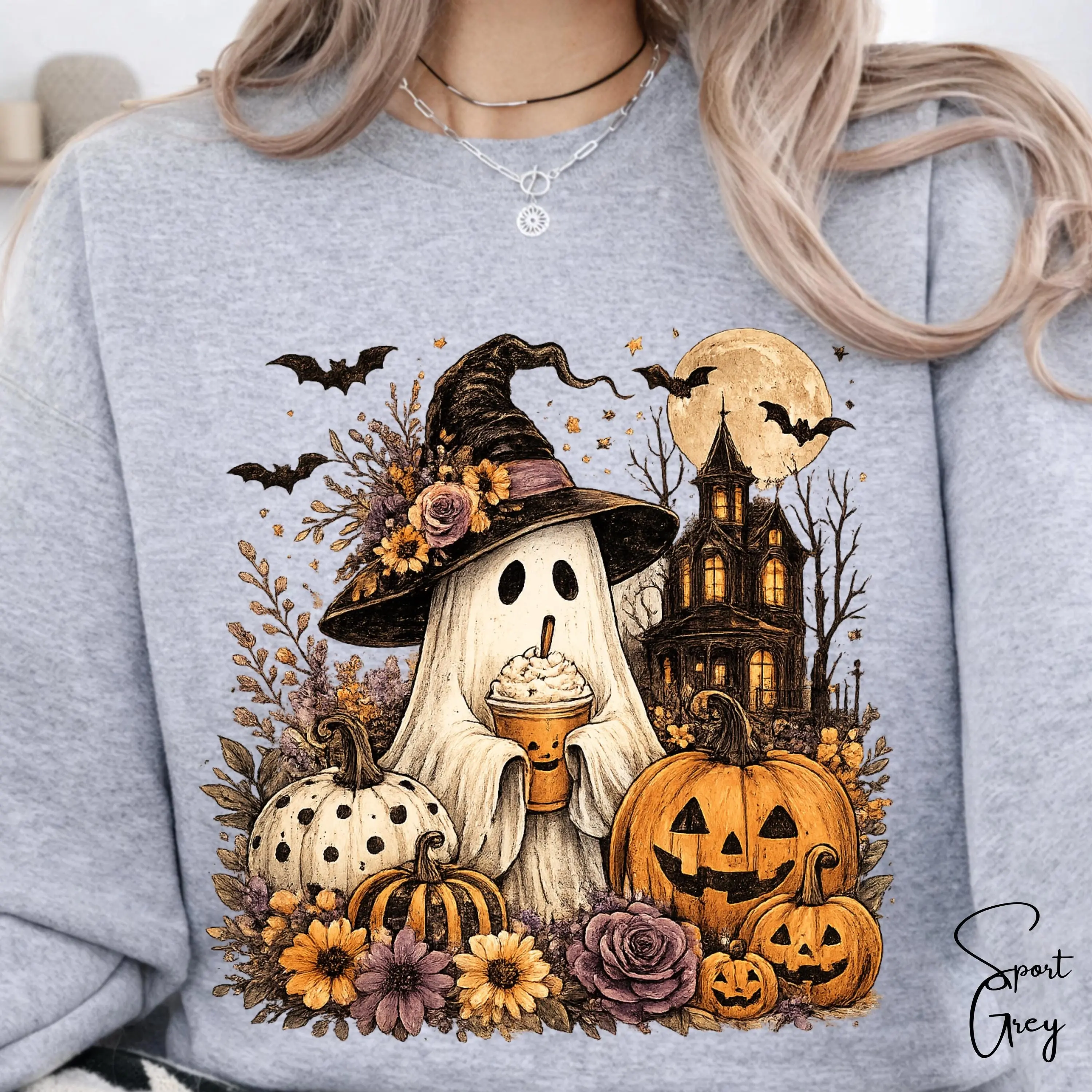 Ghost Witch Halloween Sweatshirt for Women, Pumpkin Spice Vintage Boho Fall Graphic Long Sleeve Top - photo 5