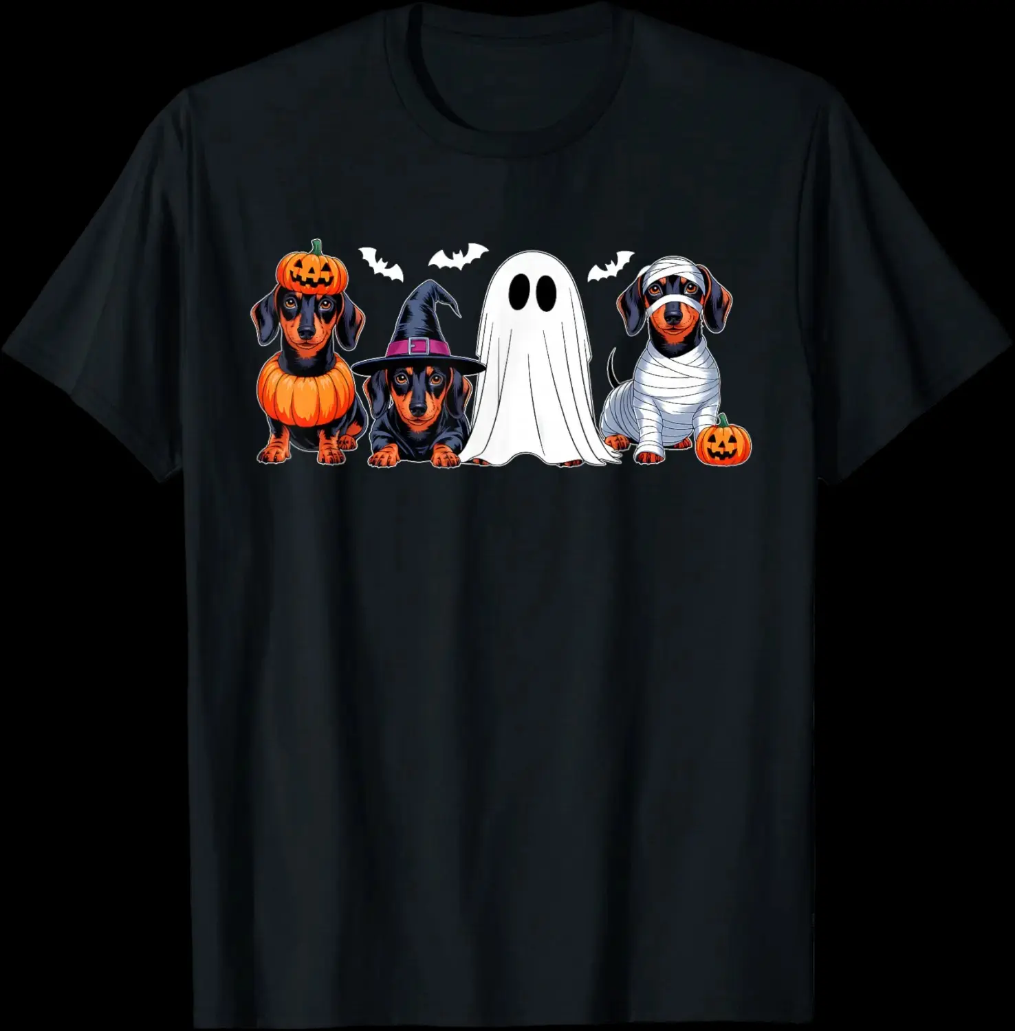 Ghost Witch Mummy Pumpkin Dachshund Halloween Costume T-Shirt, Womens Funny Wiener Dog Lover Graphic Tee, Cute Fall Autumn Top