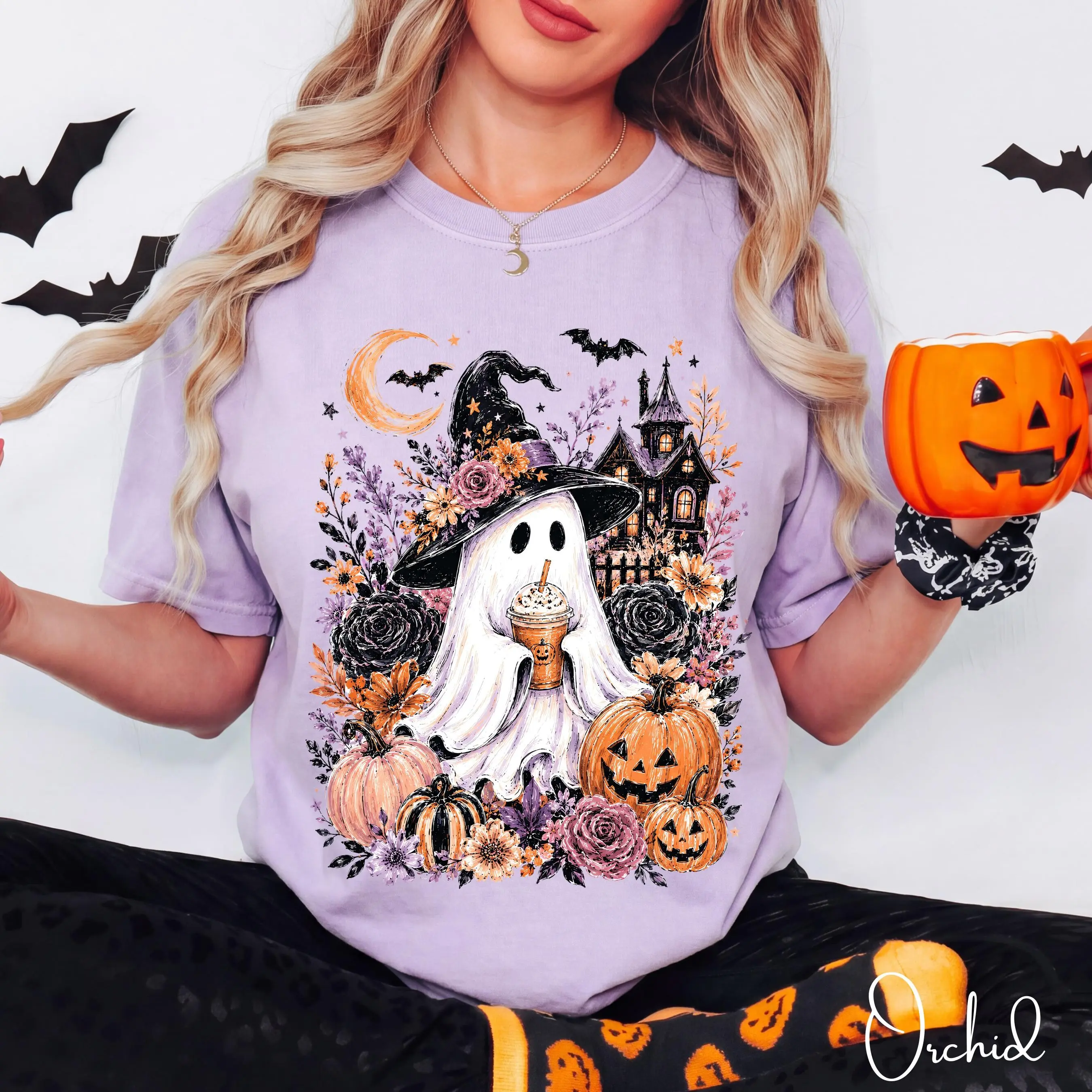 Comfort Colors 1717 Ghost Witch Shirt, Pumpkin Spice Cottagecore Halloween Tee, Cute Spooky Season Fall Top for Women