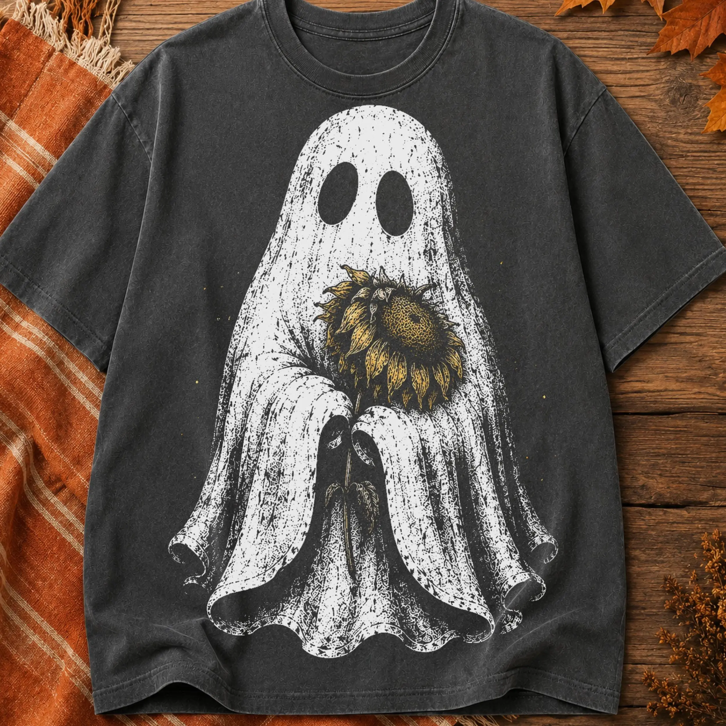 Ghost With Wilted Sunflower Graphic Tee, Witch Pumpkin Stripes Autumn Finger Paint Fall Halloween Shirt