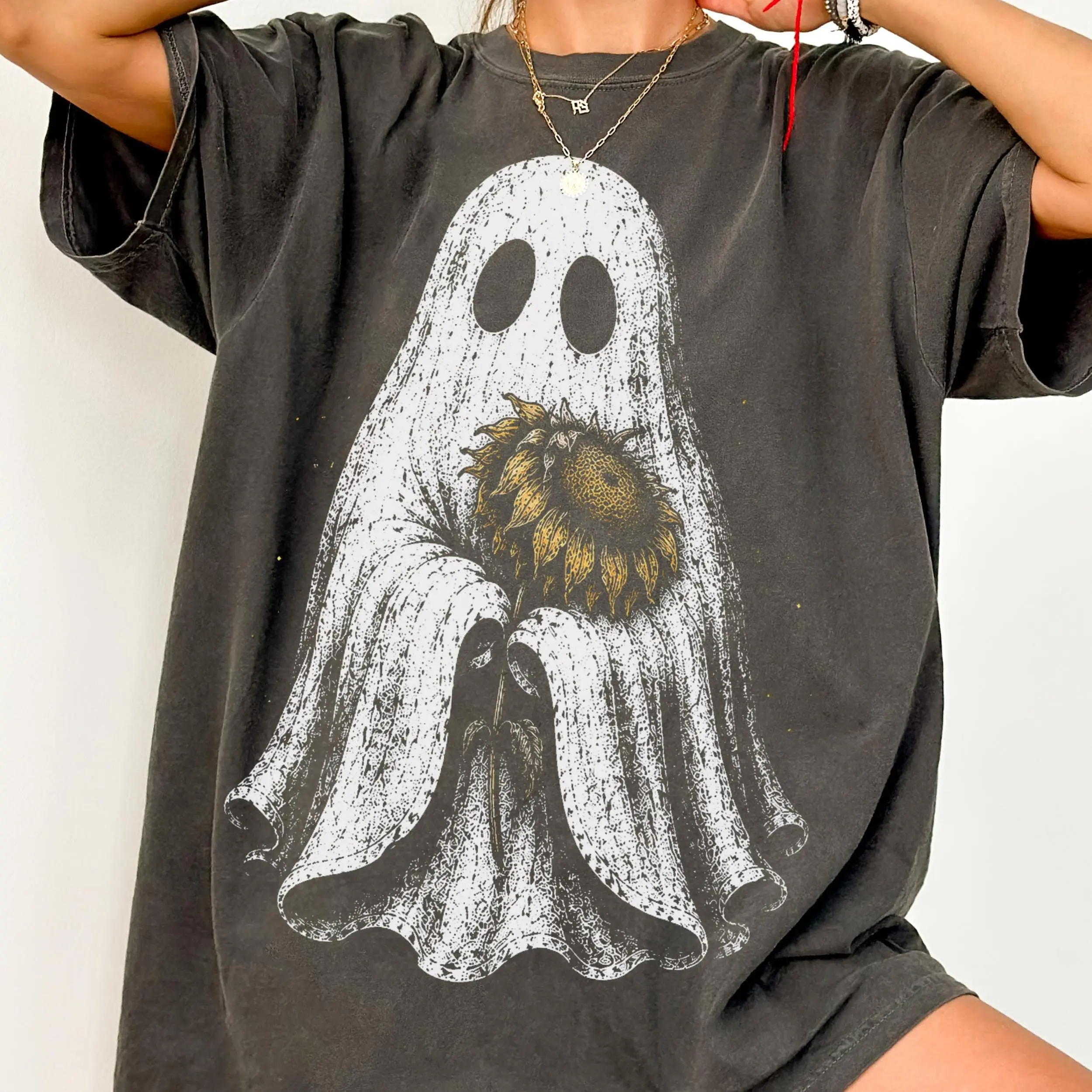 Ghost With Wilted Sunflower Graphic Tee, Witch Pumpkin Stripes Autumn Finger Paint Fall Halloween Shirt - photo 2