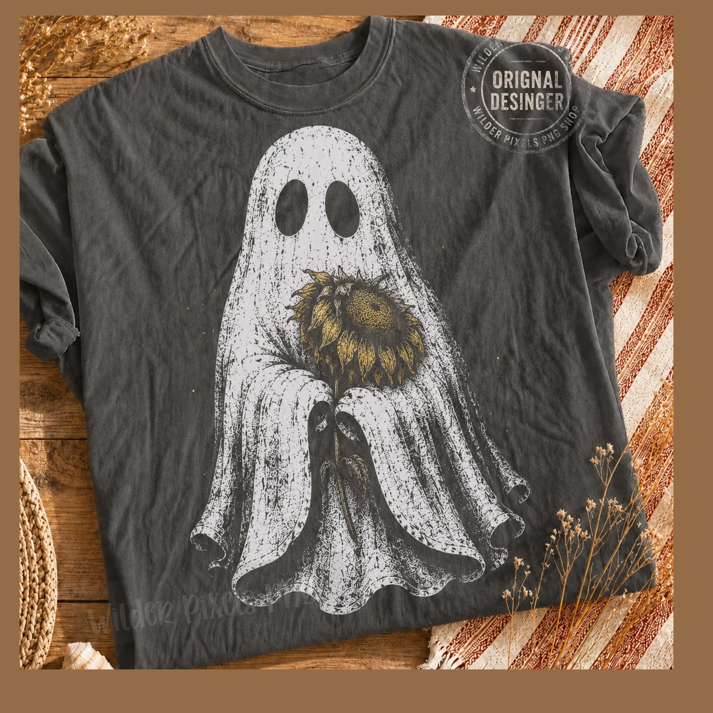 Ghost With Wilted Sunflower Graphic Tee, Witch Pumpkin Stripes Autumn Finger Paint Fall Halloween Shirt - photo 3