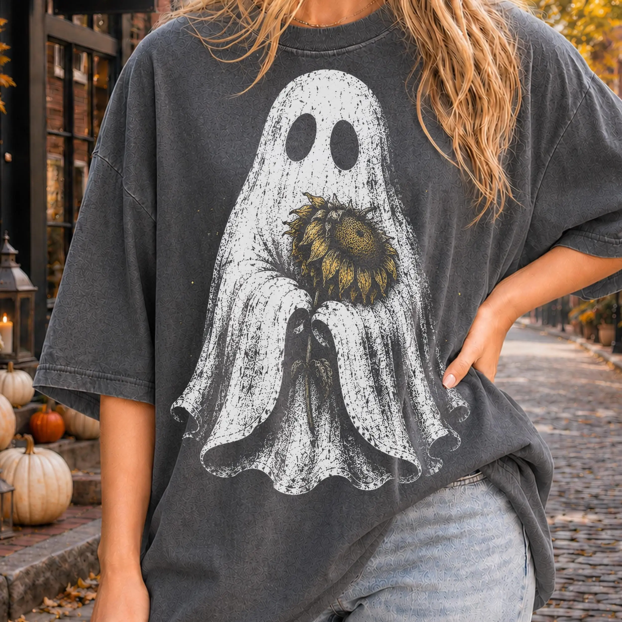 Ghost With Wilted Sunflower Graphic Tee, Witch Pumpkin Stripes Autumn Finger Paint Fall Halloween Shirt - photo 4