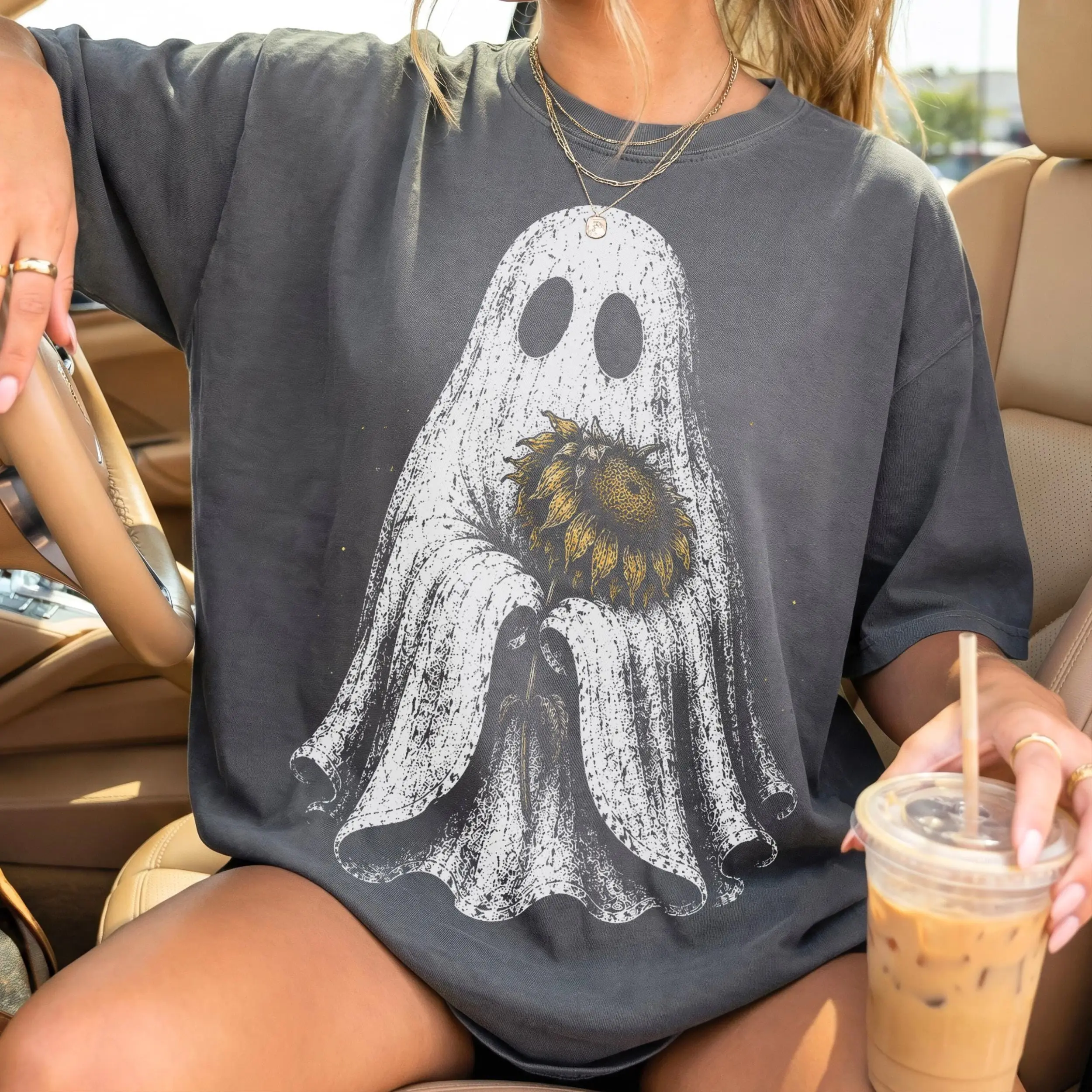 Ghost With Wilted Sunflower Graphic Tee, Witch Pumpkin Stripes Autumn Finger Paint Fall Halloween Shirt - photo 5