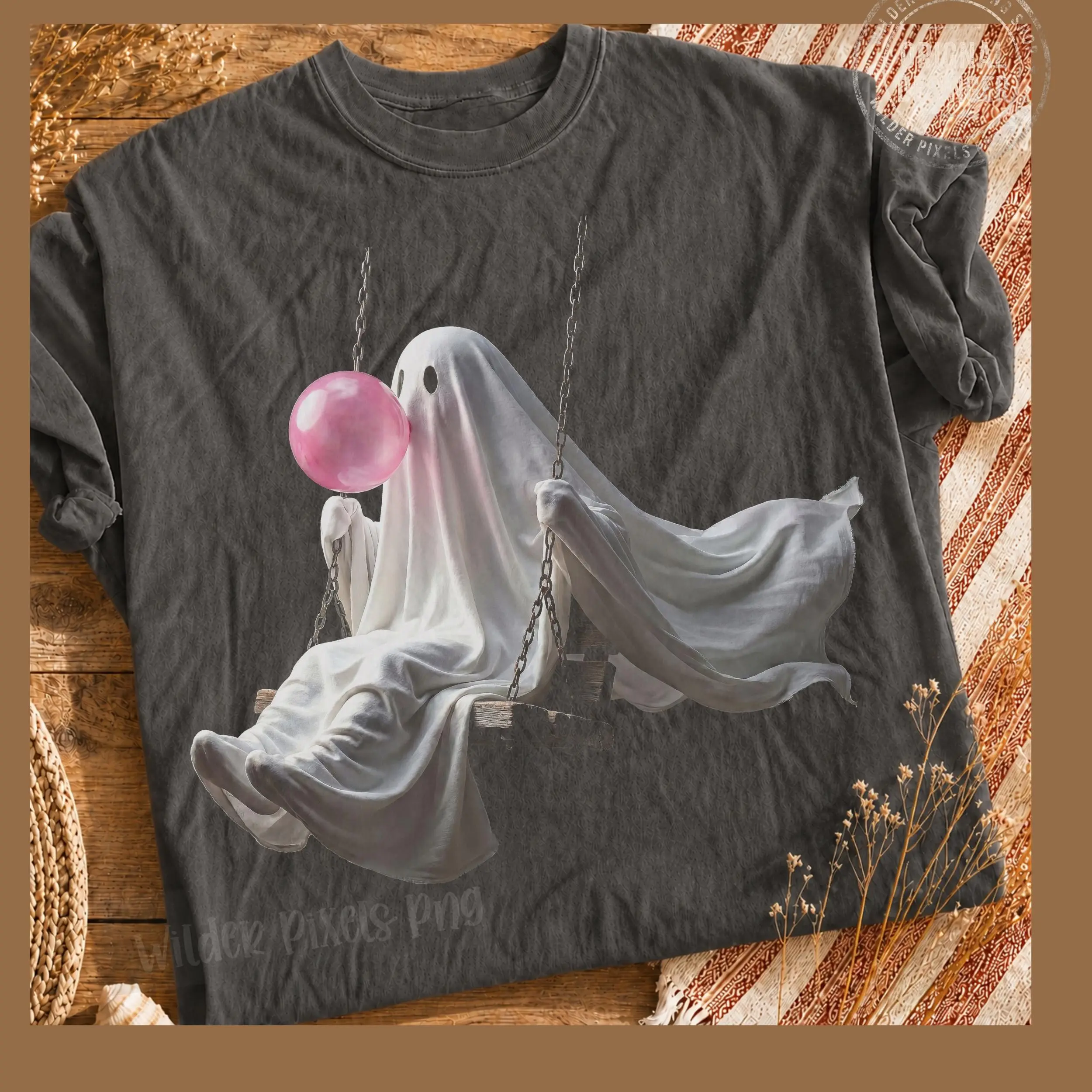 Ghost with Wilted Sunflower Halloween T-Shirt for Women, Witch Pumpkin Stripes Graphic Tee, Cute Fall Autumn Short Sleeve Top
