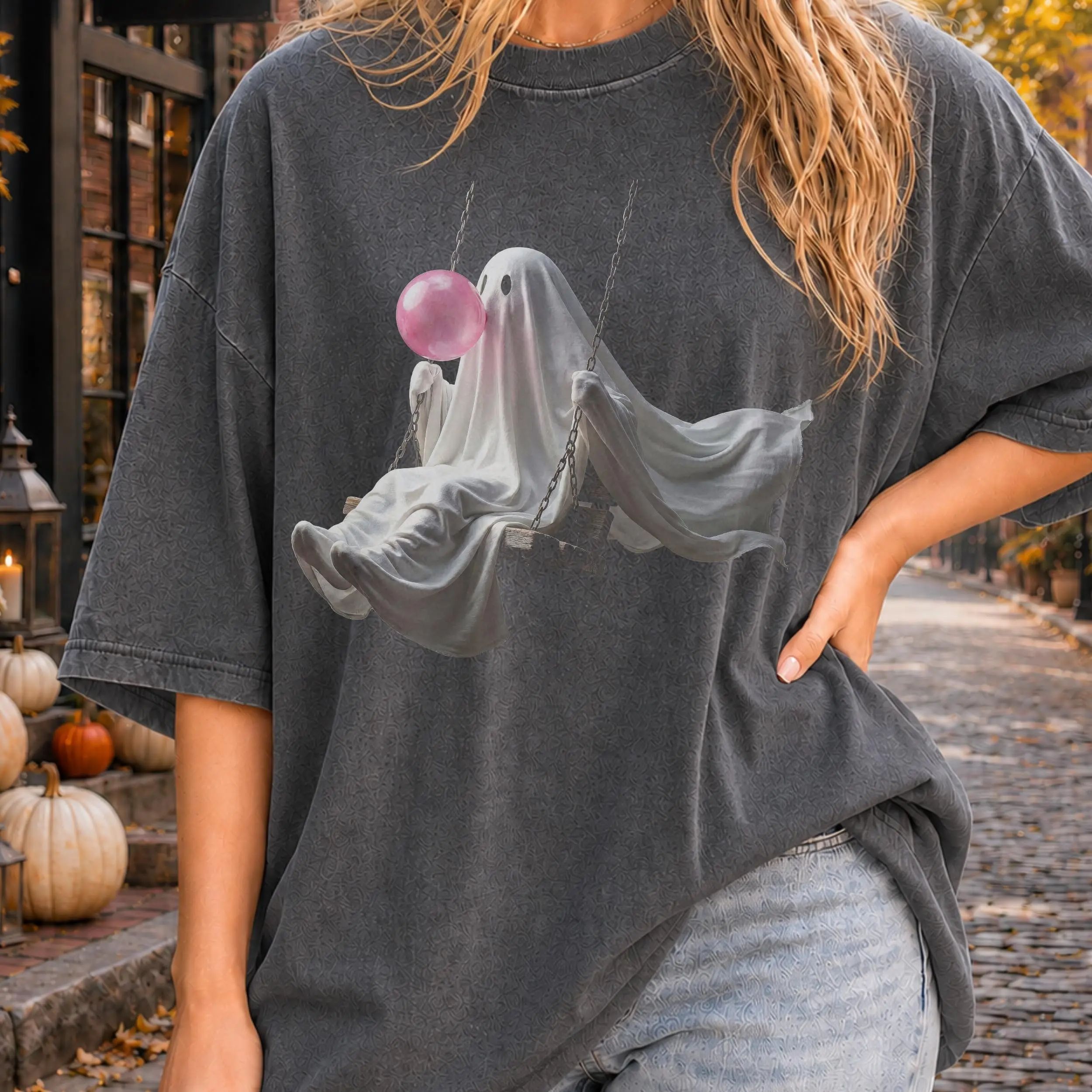 Ghost with Wilted Sunflower Halloween T-Shirt for Women, Witch Pumpkin Stripes Graphic Tee, Cute Fall Autumn Short Sleeve Top - photo 2