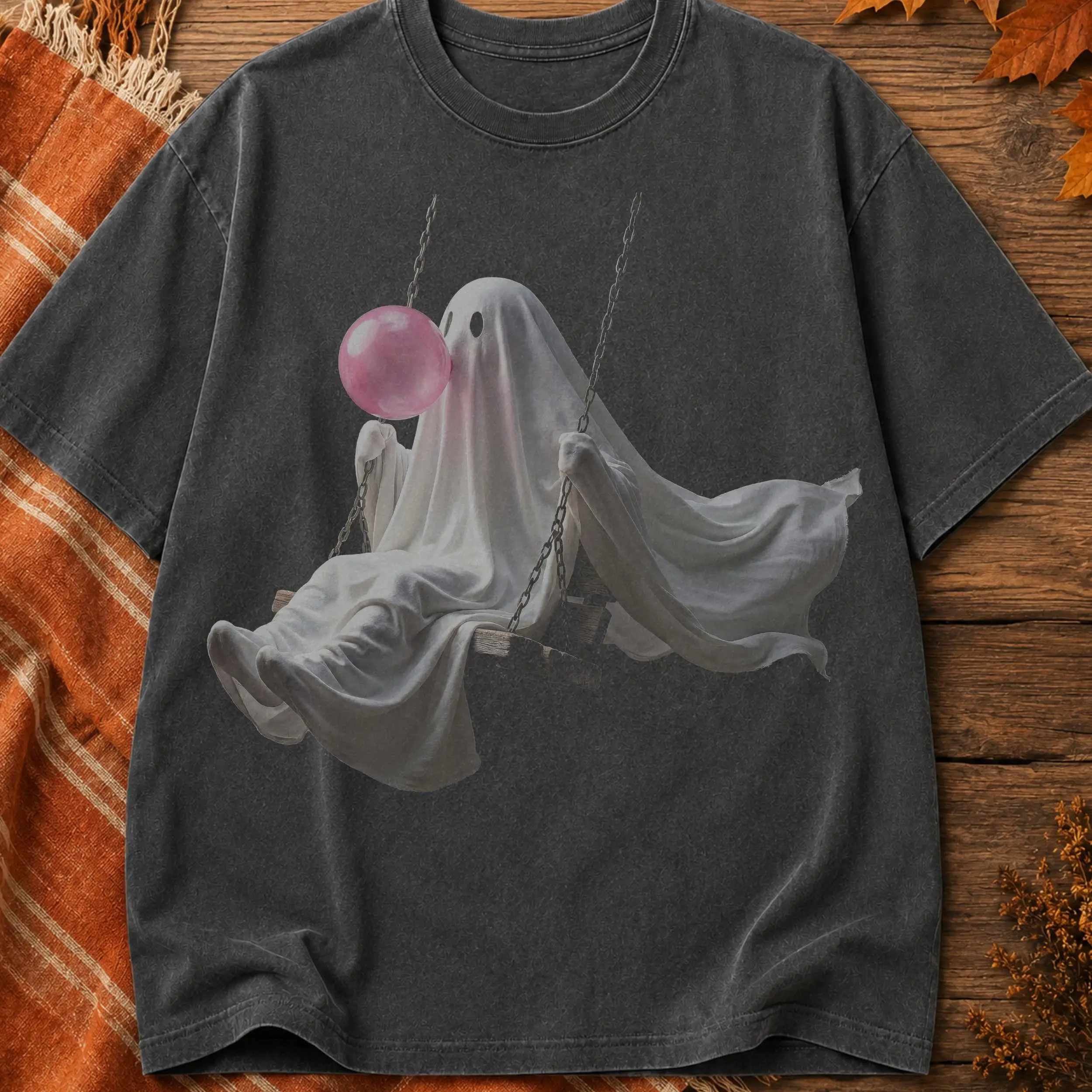 Ghost with Wilted Sunflower Halloween T-Shirt for Women, Witch Pumpkin Stripes Graphic Tee, Cute Fall Autumn Short Sleeve Top - photo 3