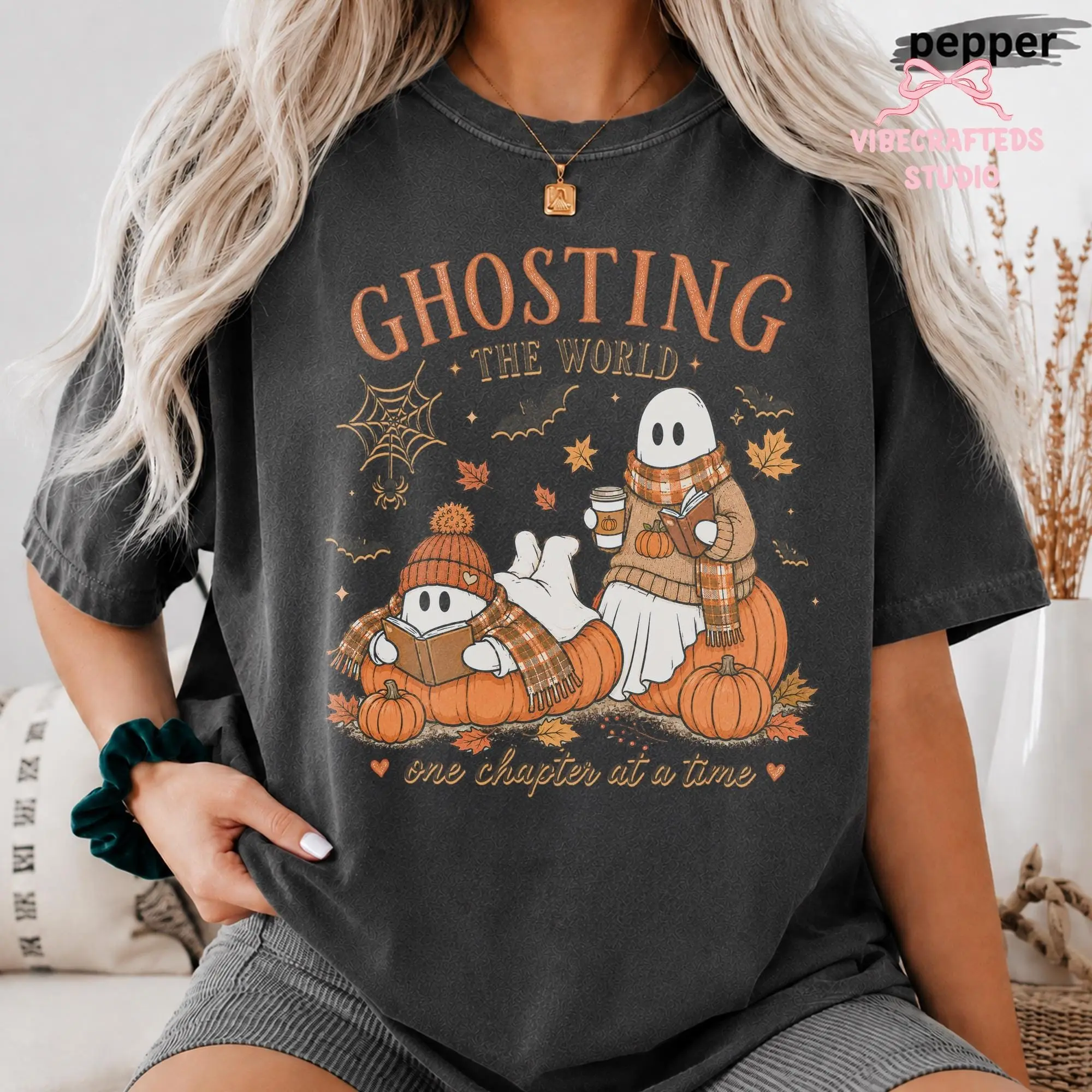 Comfort Colors Ghosting The World One Chapter At A Time Shirt, Bookish Reading Halloween Fall Book Lover Tee - photo 4