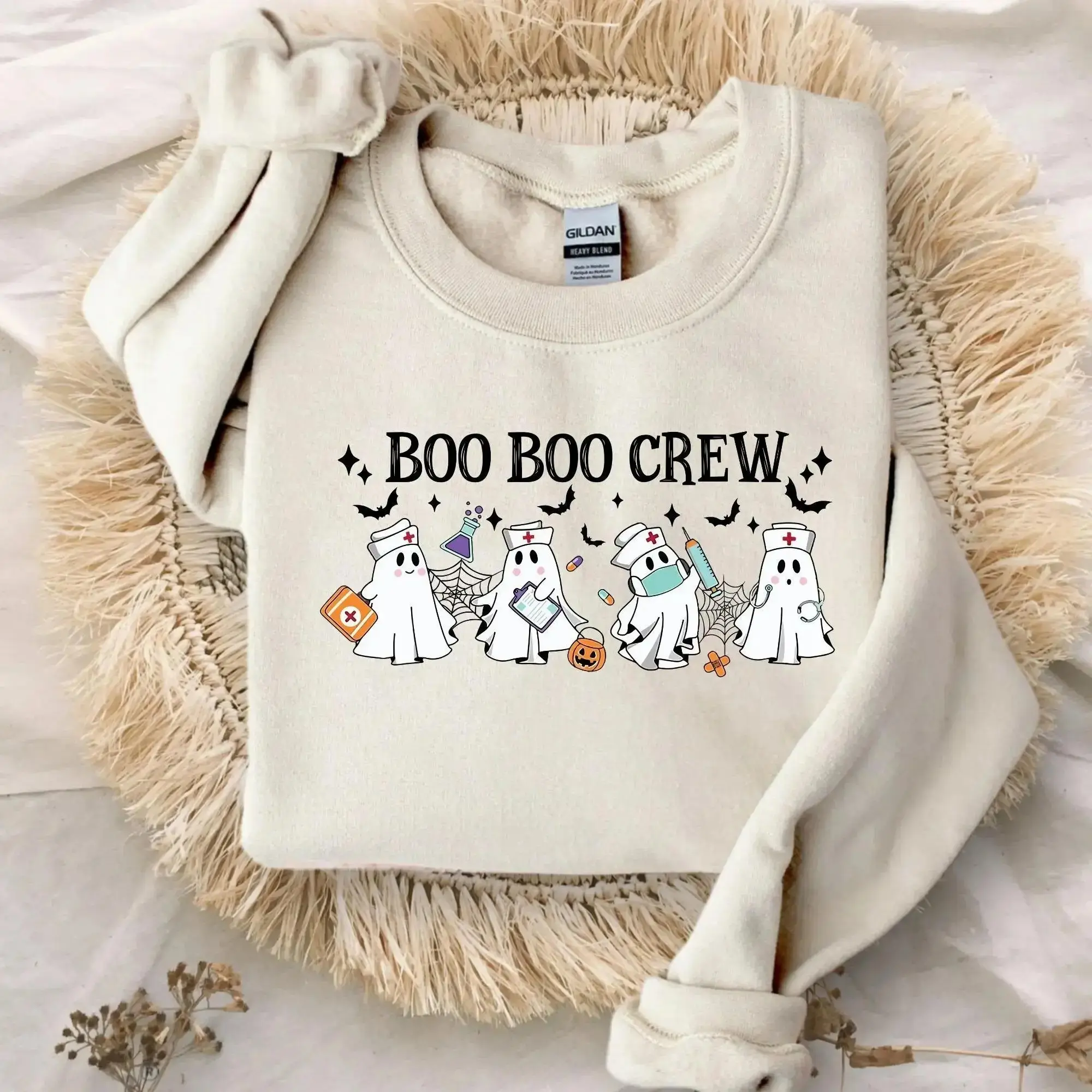 Gildan Boo Boo Crew Sweatshirt, Funny Ghost Nurse Halloween Crewneck, Cute Spooky RN Nursing Gift Top - photo 1