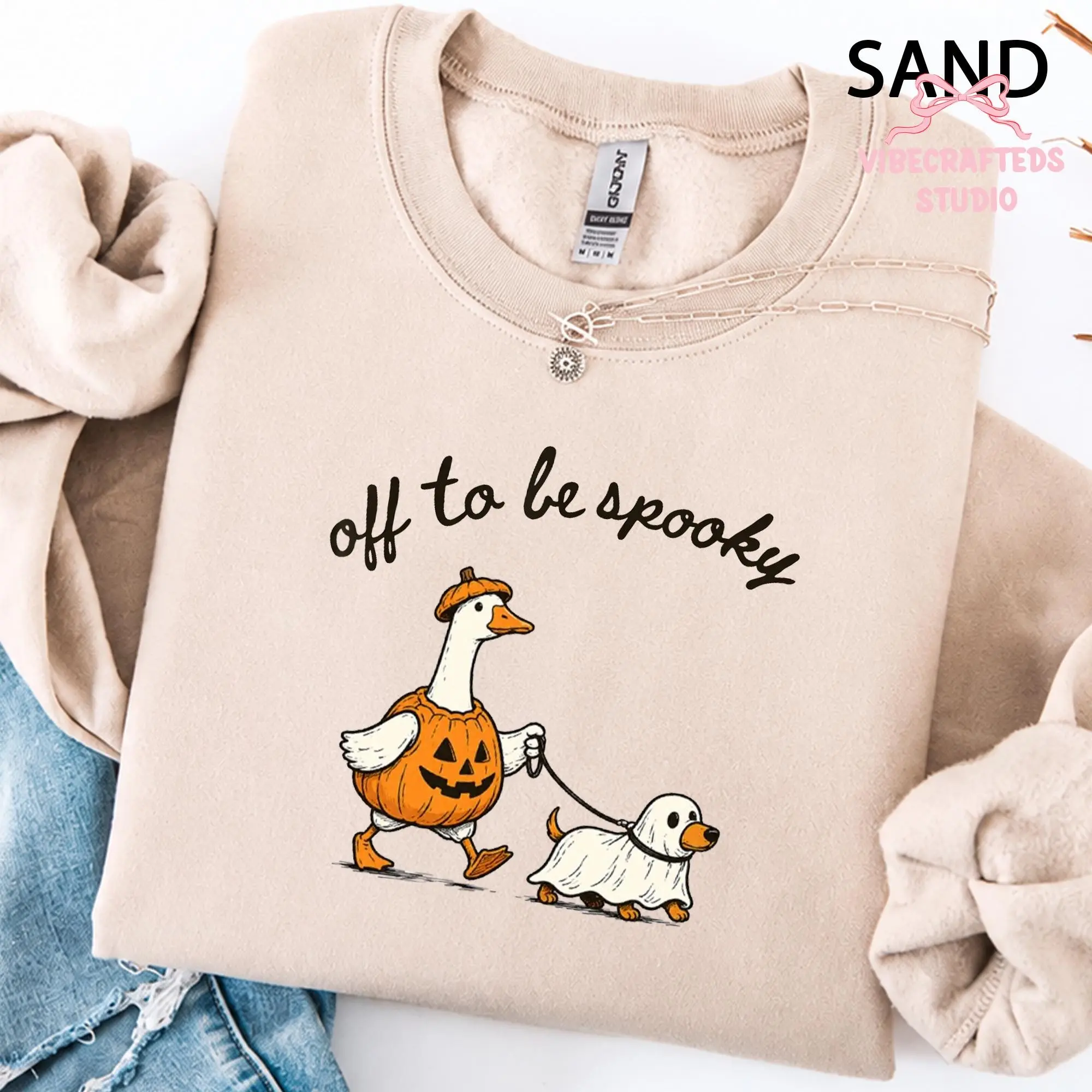 Gildan Funny Goose Walking Ghost Dog Sweatshirt, Off To Be Spooky Halloween Top, Cute Pumpkin Fall Graphic Crewneck