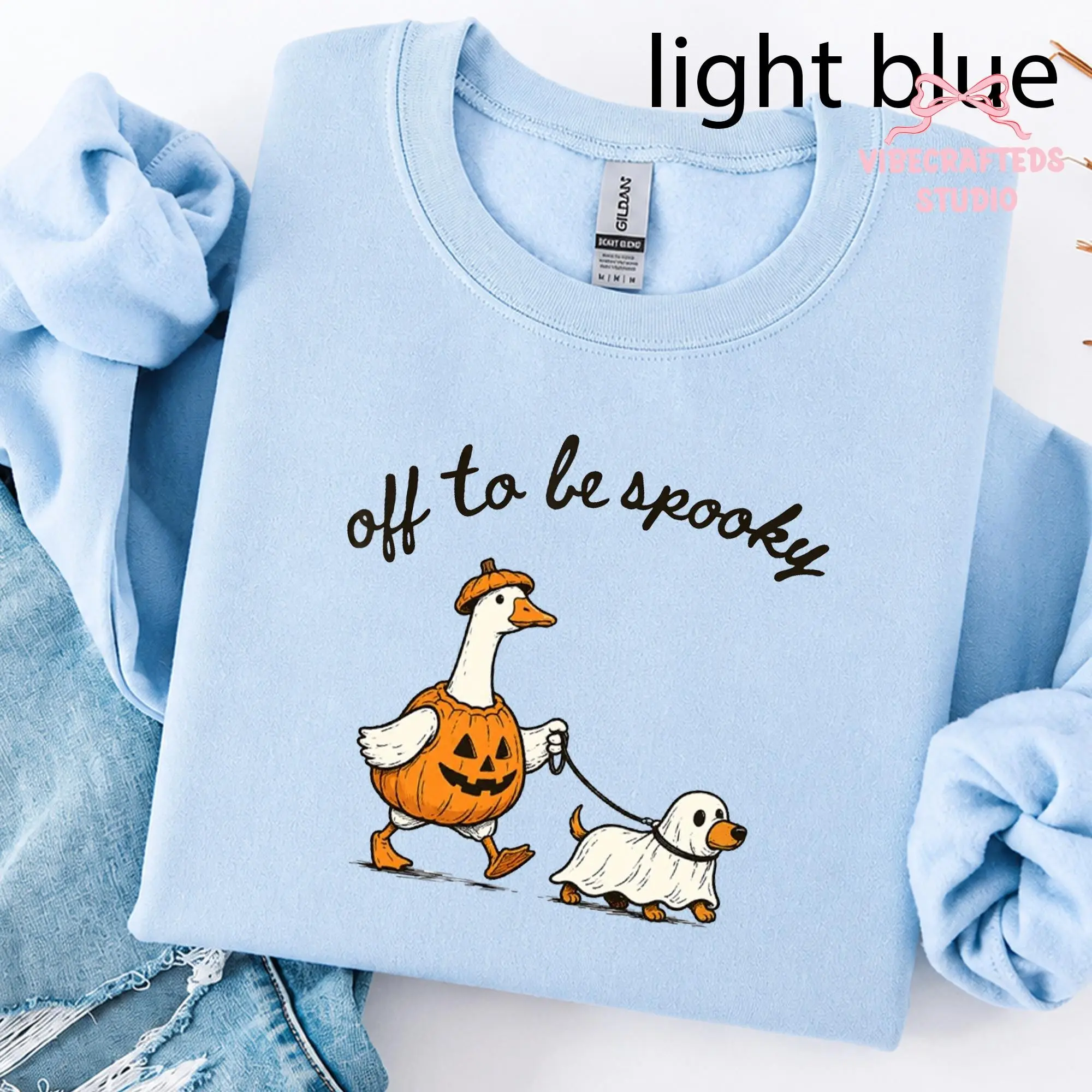 Gildan Funny Goose Walking Ghost Dog Sweatshirt, Off To Be Spooky Halloween Top, Cute Pumpkin Fall Graphic Crewneck - photo 3