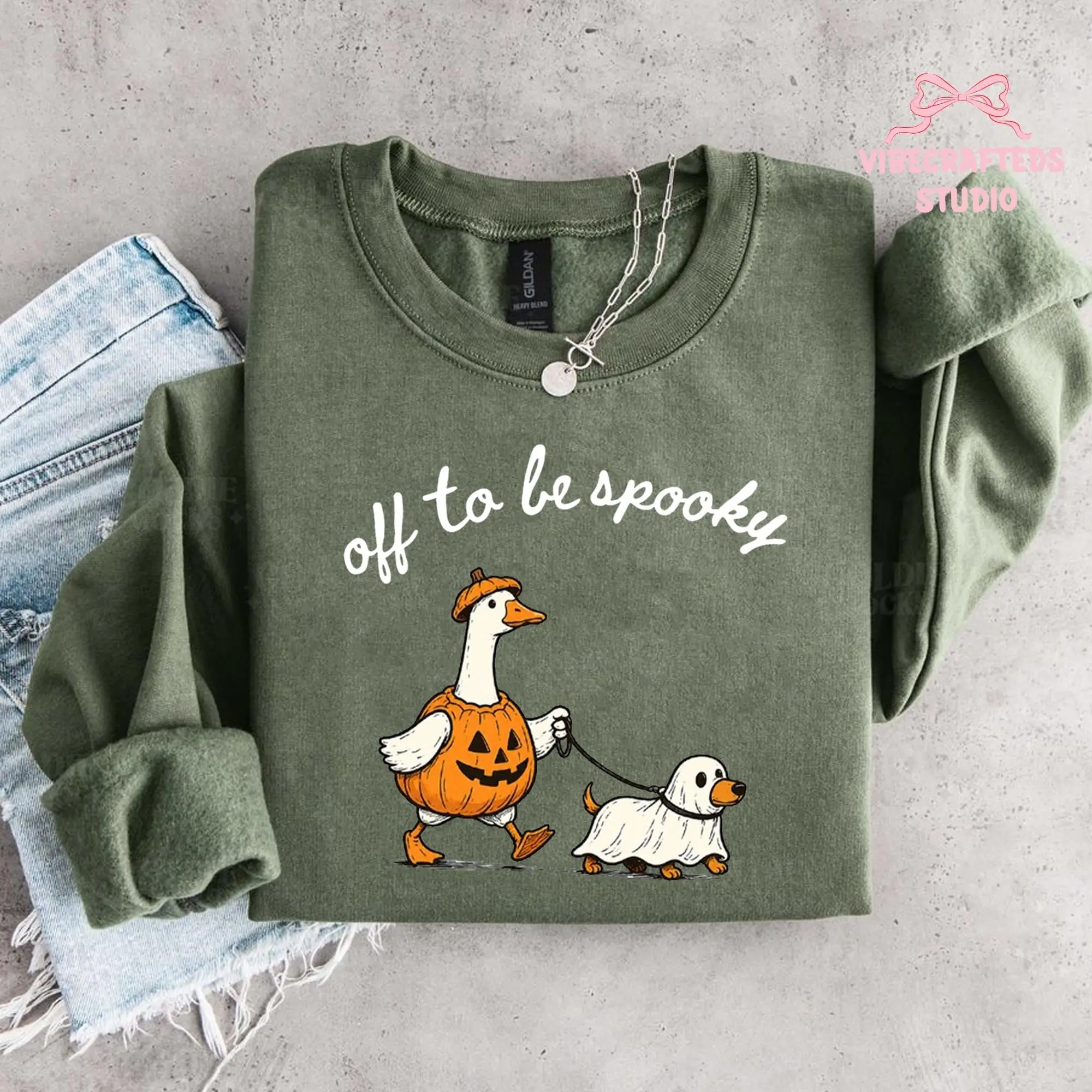 Gildan Funny Goose Walking Ghost Dog Sweatshirt, Off To Be Spooky Halloween Top, Cute Pumpkin Fall Graphic Crewneck - photo 4