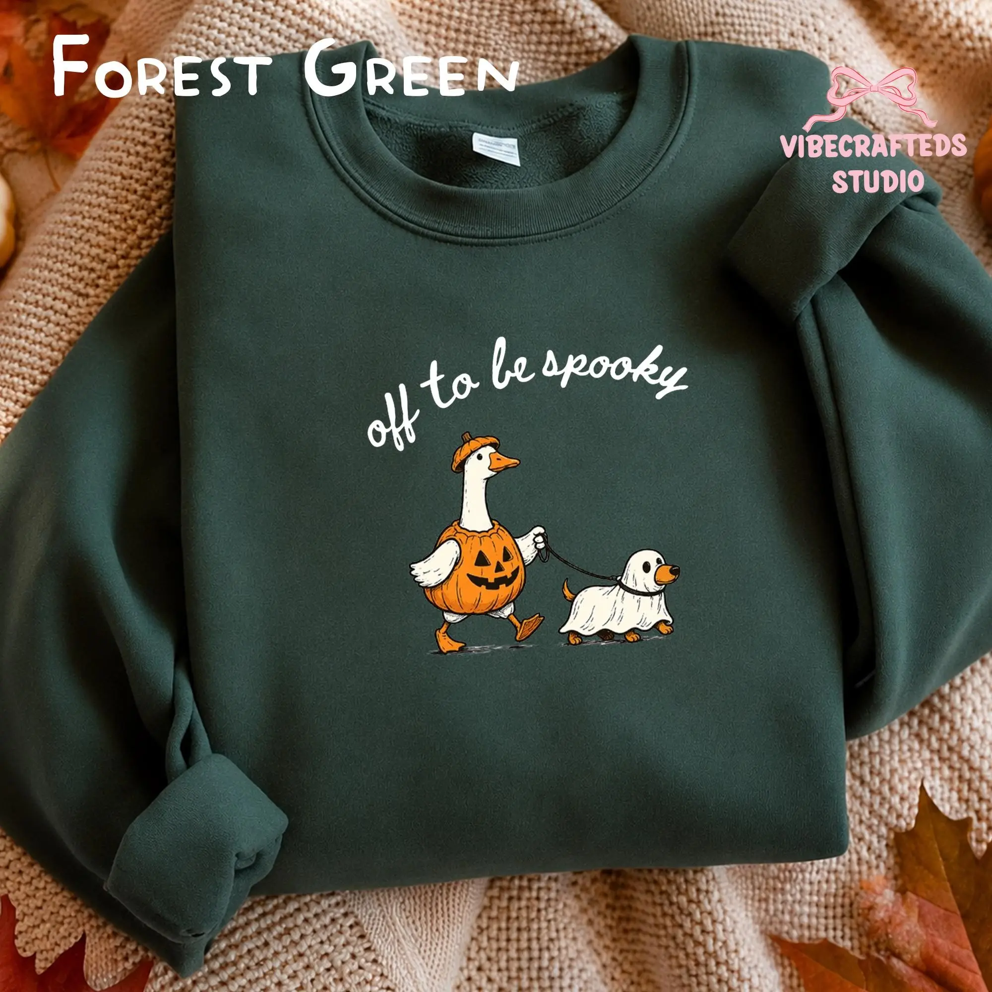 Gildan Funny Goose Walking Ghost Dog Sweatshirt, Off To Be Spooky Halloween Top, Cute Pumpkin Fall Graphic Crewneck - photo 5