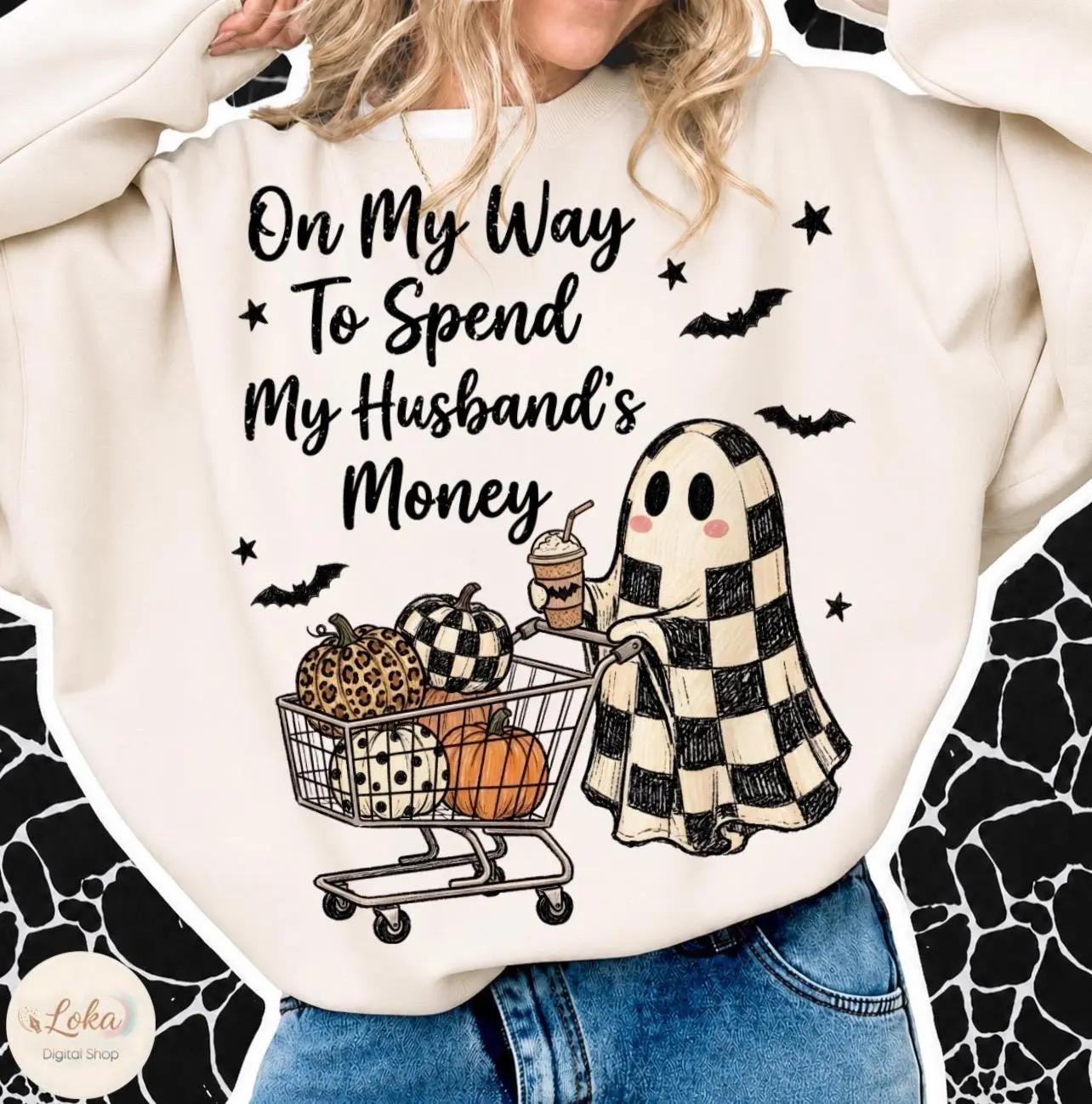 Gildan Halloween Ghost Sweatshirt, On My Way To Spend My Husband, Checkered Leopard Polka Dot Pumpkin Shopping Top
