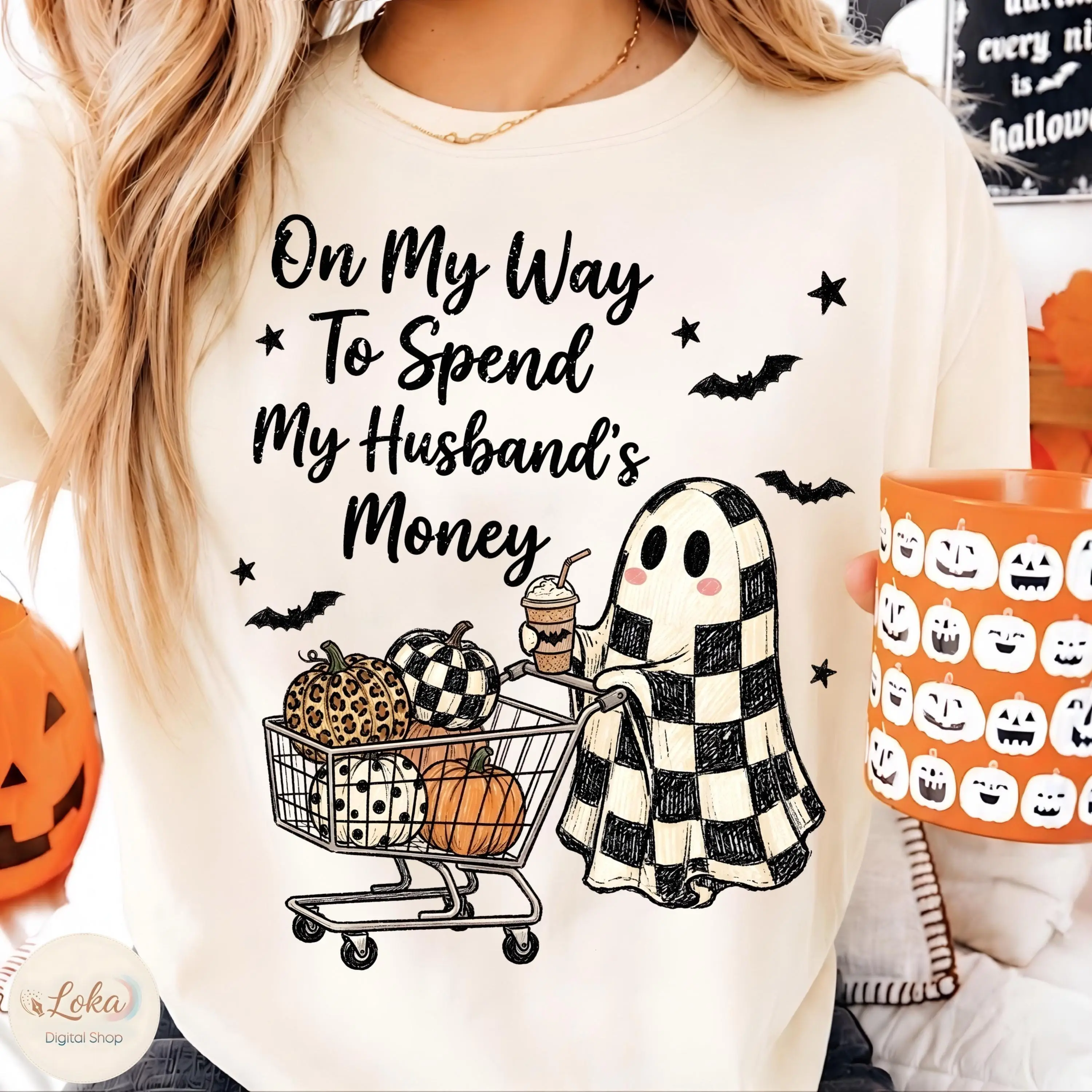 Gildan Halloween Ghost Sweatshirt, On My Way To Spend My Husband, Checkered Leopard Polka Dot Pumpkin Shopping Top - photo 2