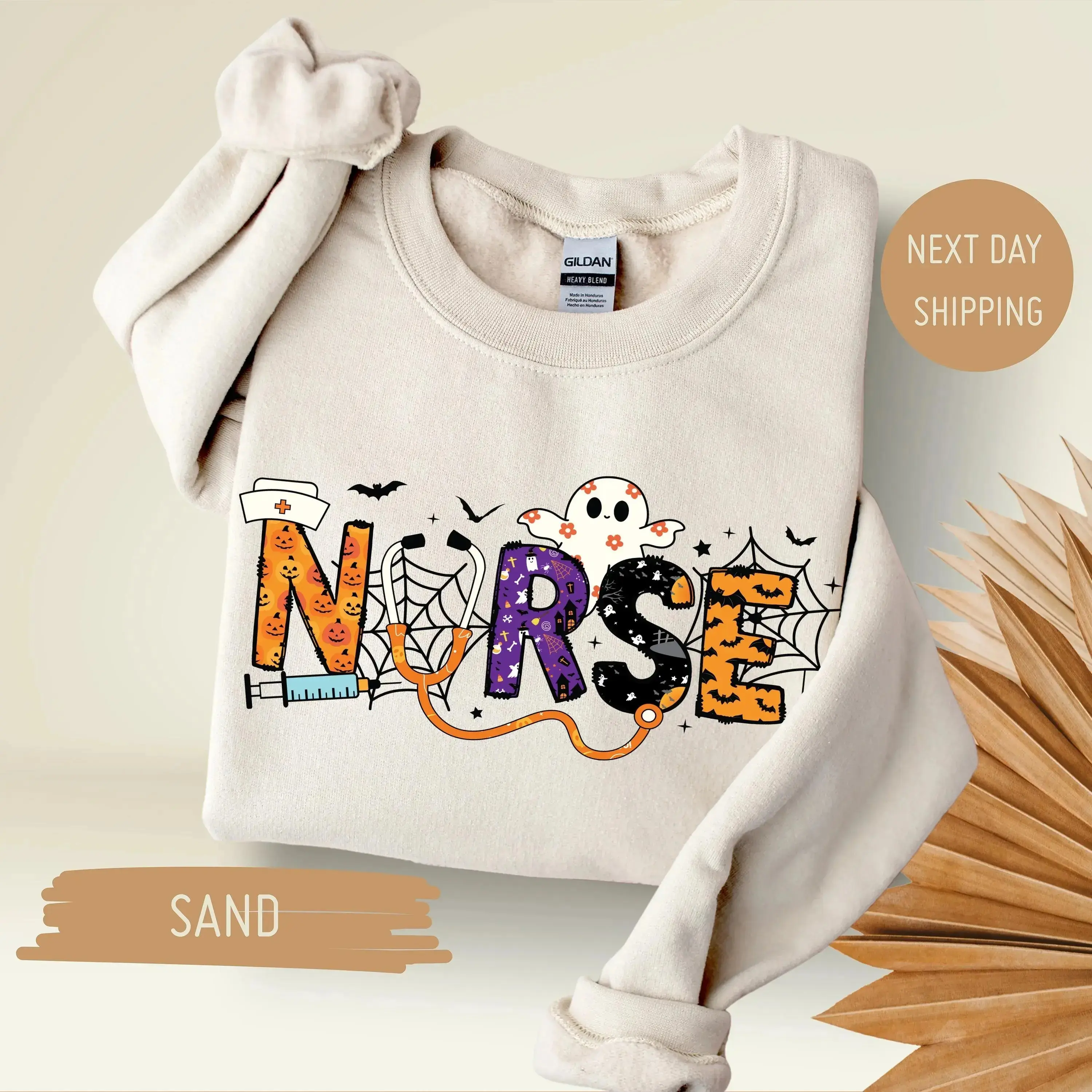 Gildan Halloween Ghost Nurse Sweatshirt, School Medical Life Fall Apparel, Nursing Student Gift Crewneck - photo 2