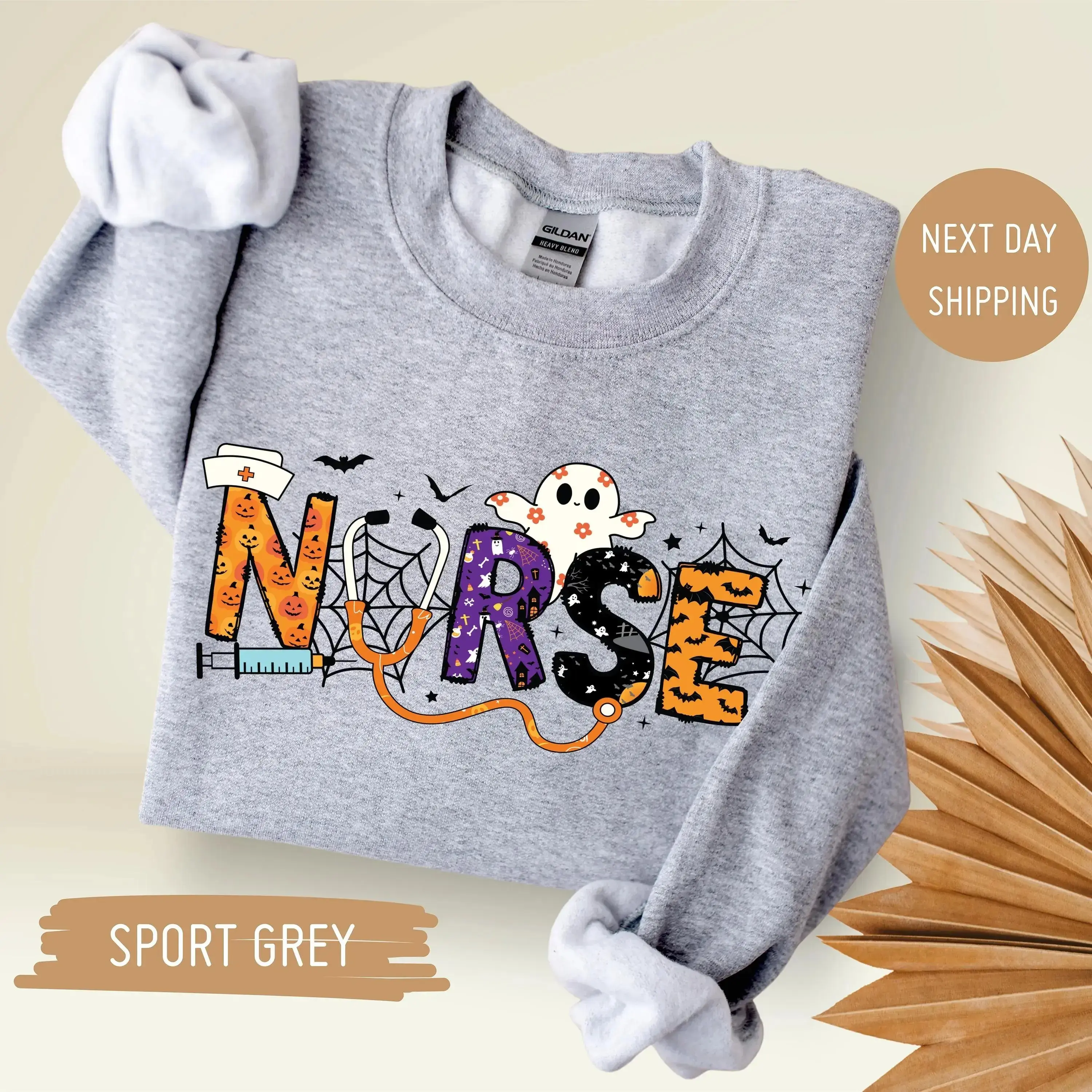 Gildan Halloween Ghost Nurse Sweatshirt, School Medical Life Fall Apparel, Nursing Student Gift Crewneck - photo 4