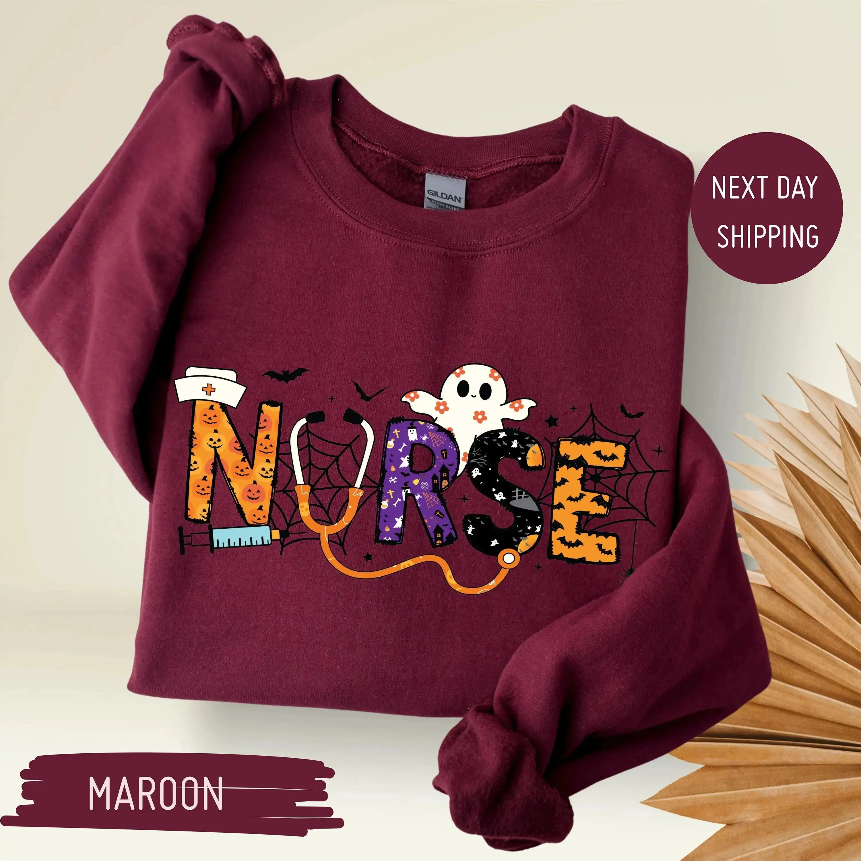 Gildan Halloween Ghost Nurse Sweatshirt, School Medical Life Fall Apparel, Nursing Student Gift Crewneck - photo 5