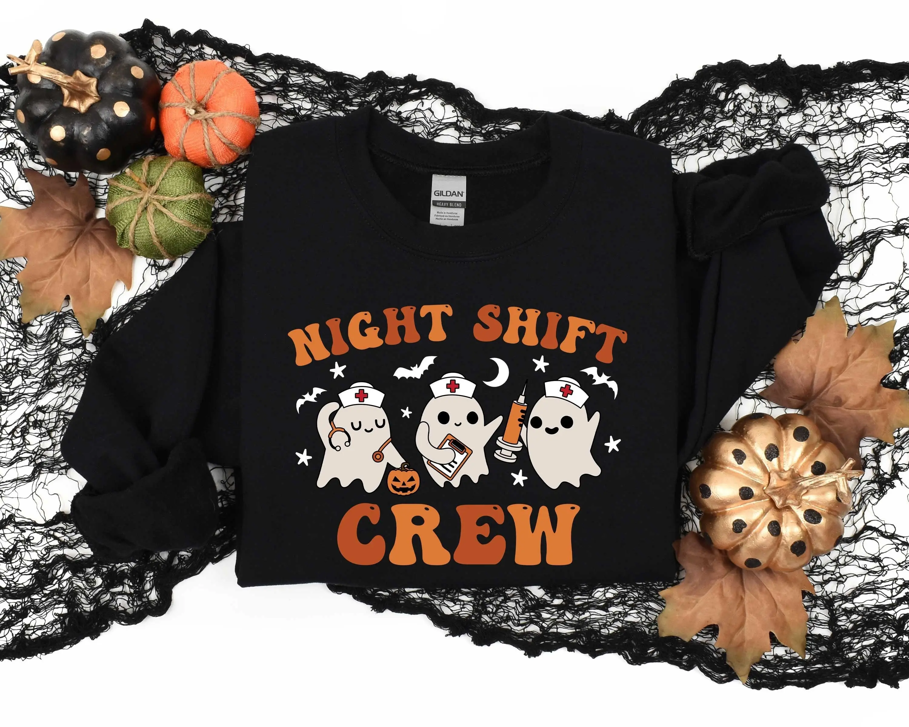 Gildan Night Shift Crew Sweatshirt, Retro Spooky Halloween Nurse Crewneck, Registered Nursing School Gift Top
