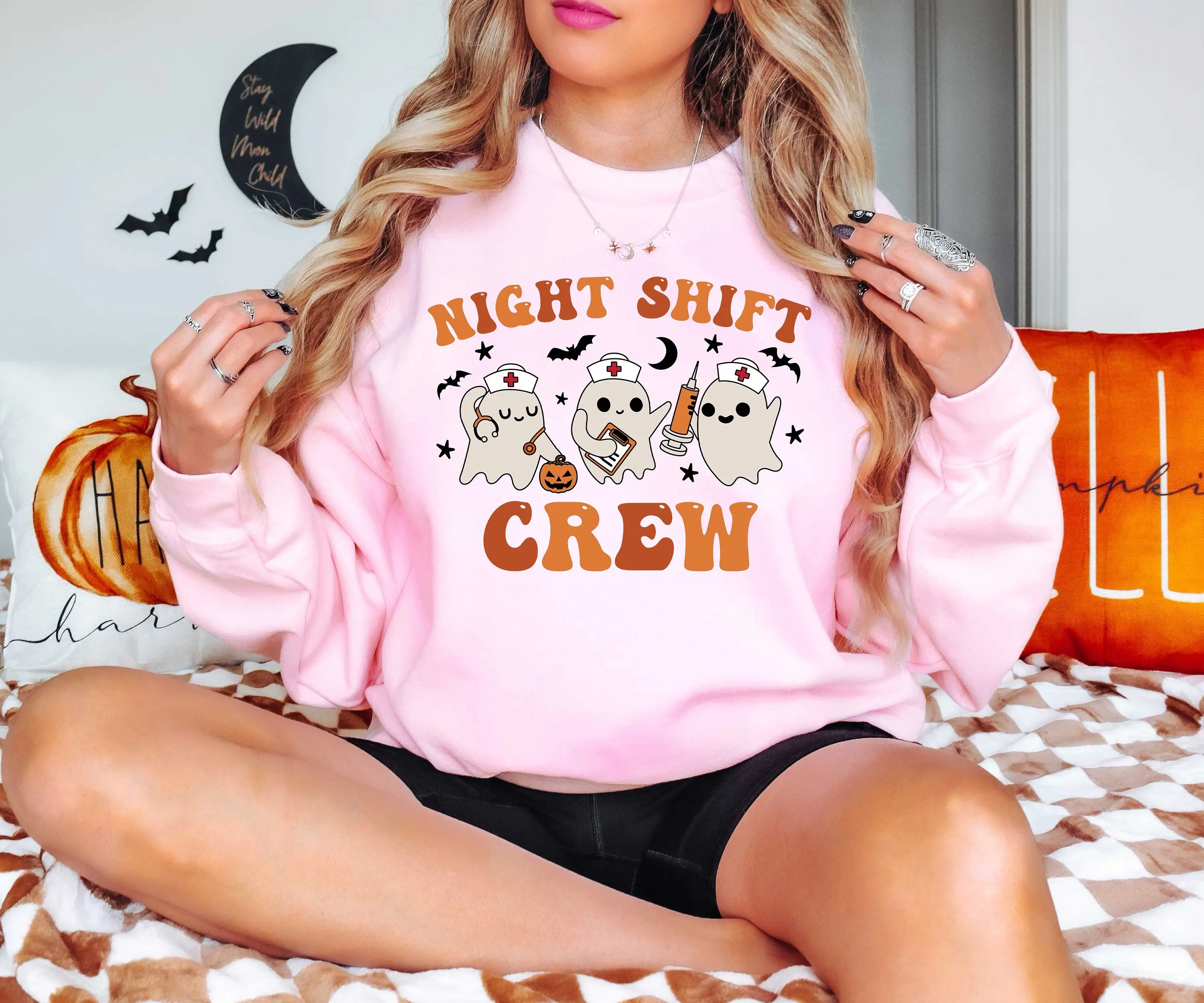 Gildan Night Shift Crew Sweatshirt, Retro Spooky Halloween Nurse Crewneck, Registered Nursing School Gift Top - photo 3