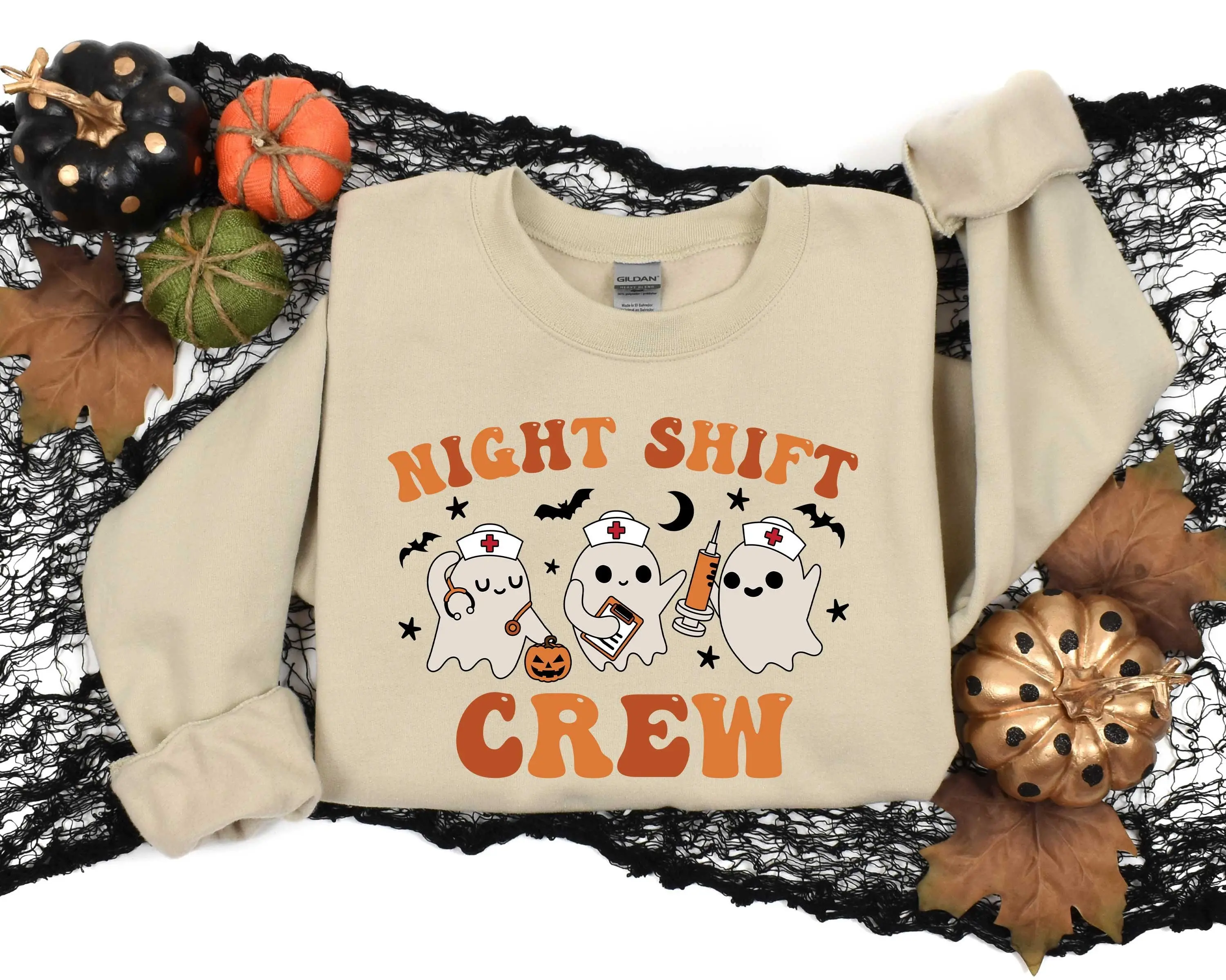 Gildan Night Shift Crew Sweatshirt, Retro Spooky Halloween Nurse Crewneck, Registered Nursing School Gift Top - photo 4