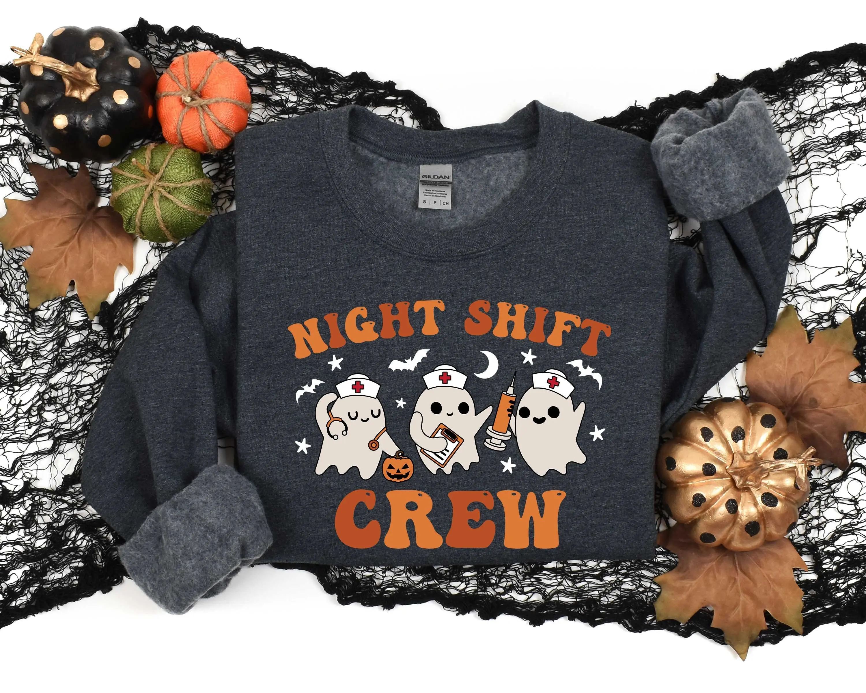 Gildan Night Shift Crew Sweatshirt, Retro Spooky Halloween Nurse Crewneck, Registered Nursing School Gift Top - photo 5