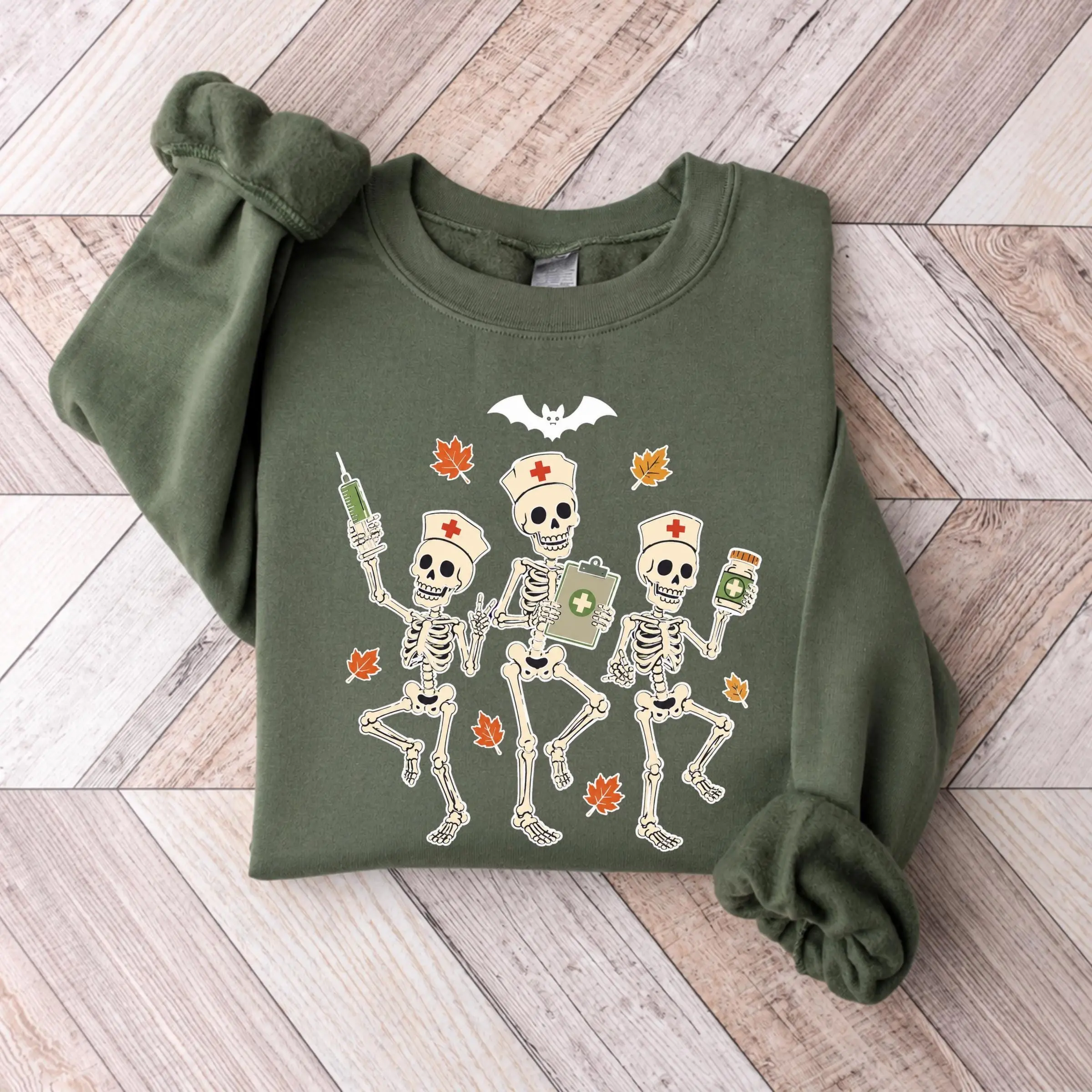 Gildan Nurse Skeleton Sweatshirt, Funny Halloween Medical Crewneck, Spooky Fall Nursing Student Gift