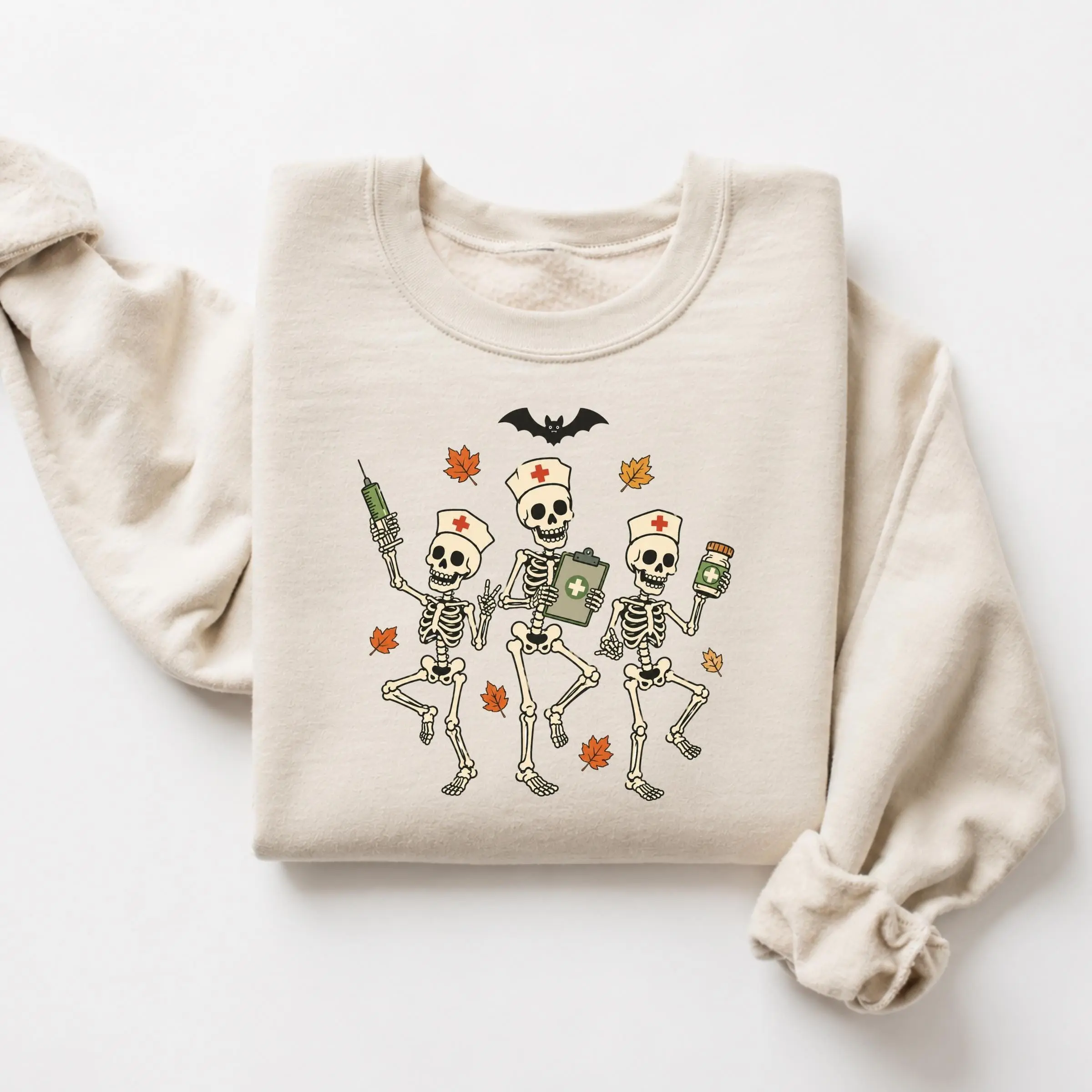 Gildan Nurse Skeleton Sweatshirt, Funny Halloween Medical Crewneck, Spooky Fall Nursing Student Gift - photo 2
