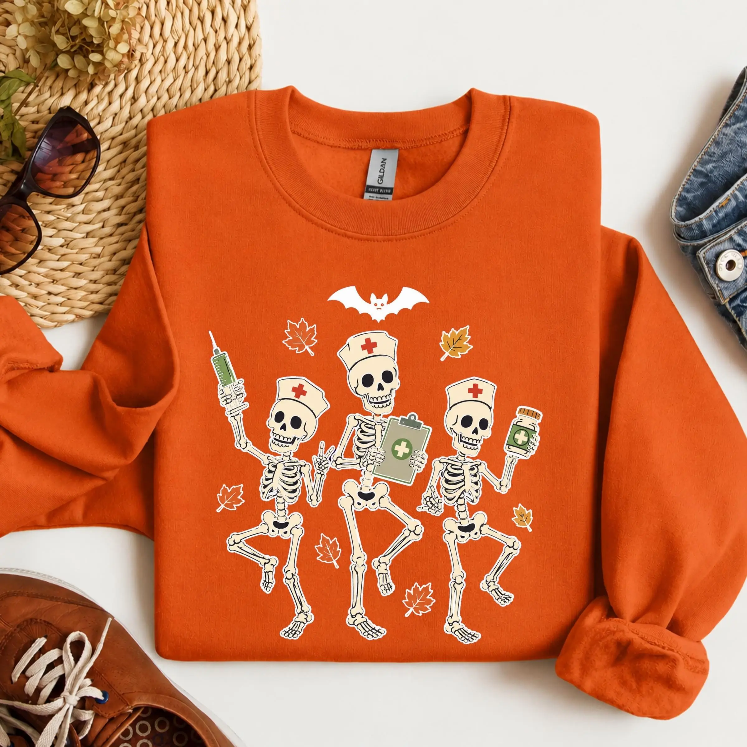 Gildan Nurse Skeleton Sweatshirt, Funny Halloween Medical Crewneck, Spooky Fall Nursing Student Gift - photo 3