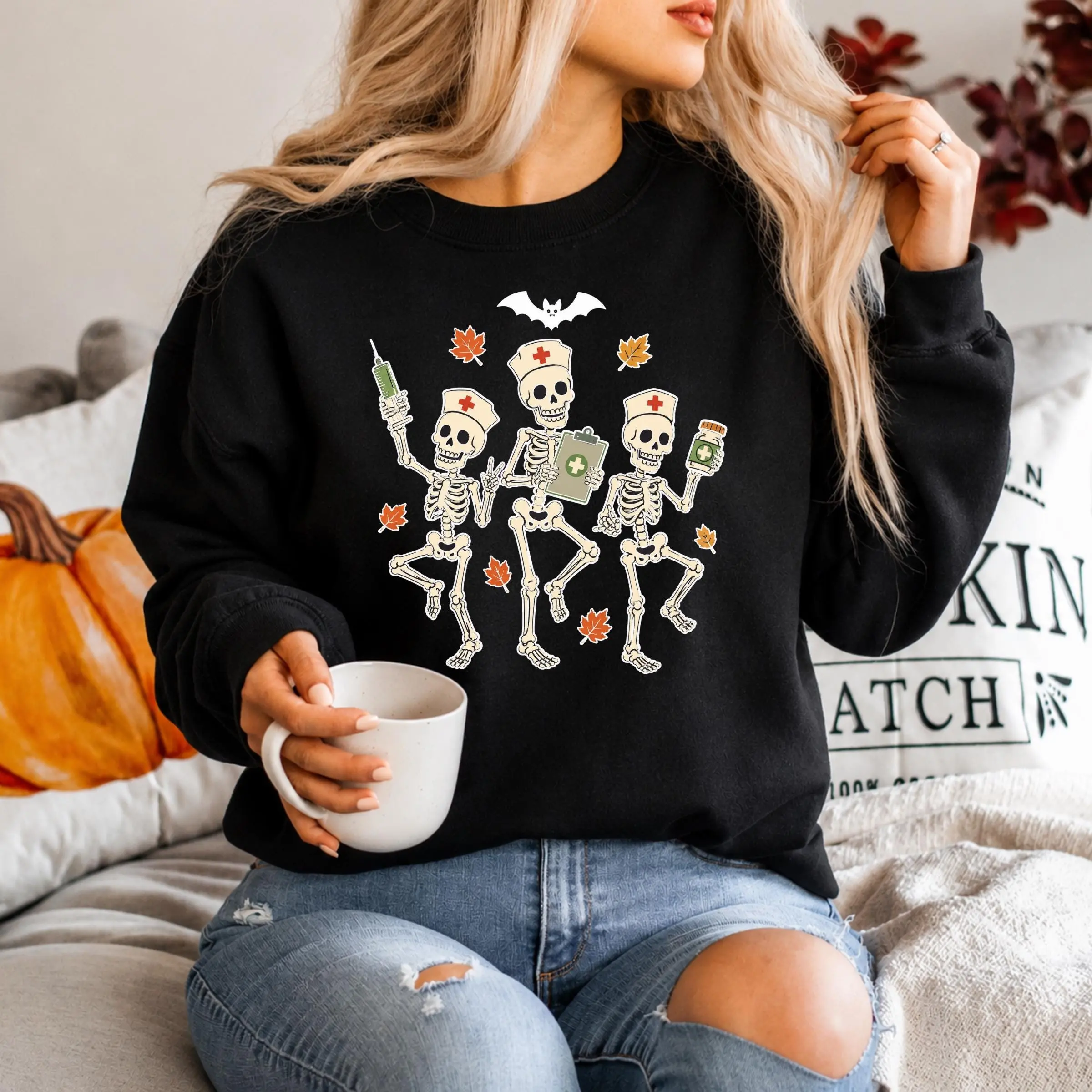 Gildan Nurse Skeleton Sweatshirt, Funny Halloween Medical Crewneck, Spooky Fall Nursing Student Gift - photo 4